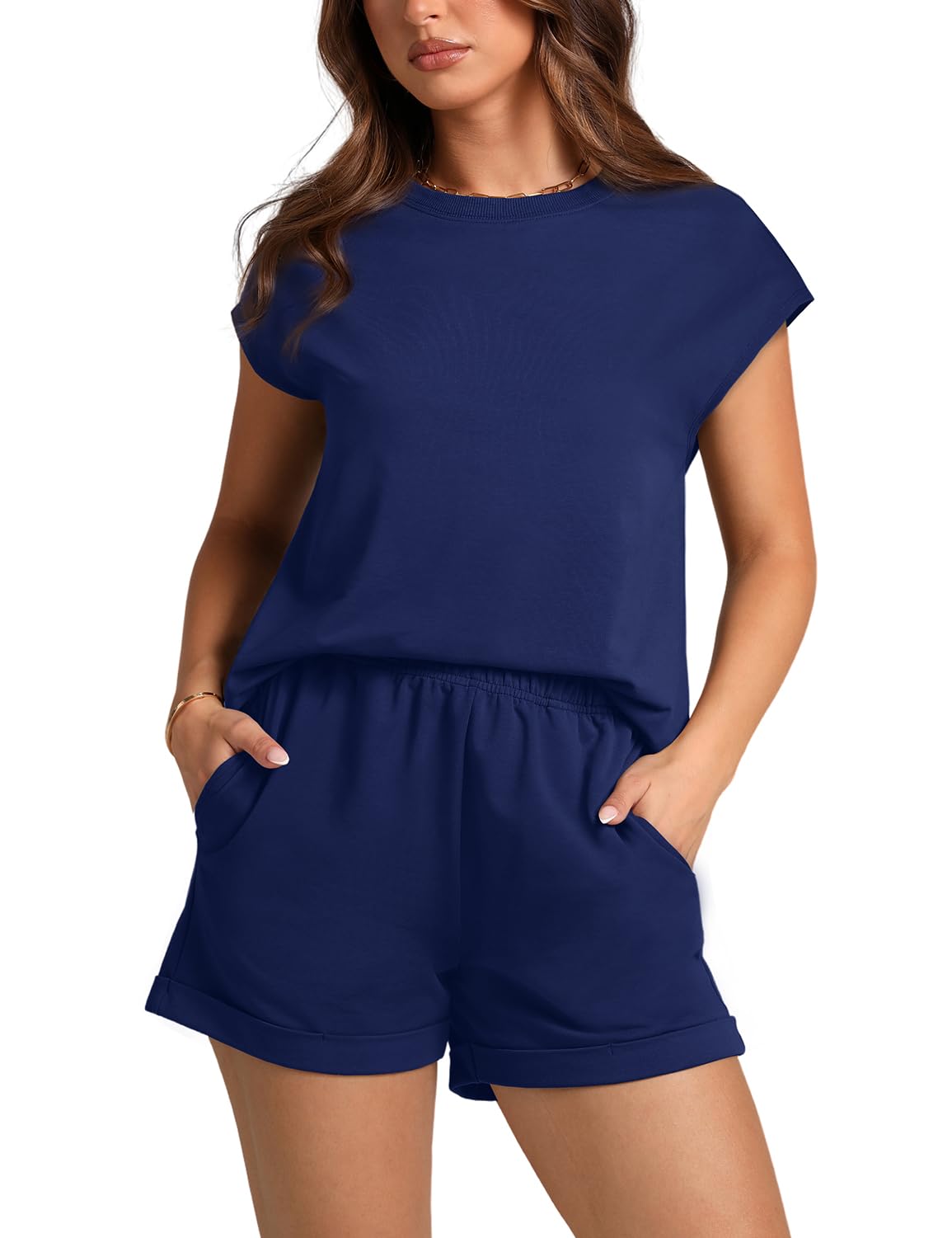 WIHOLL 2 Piece Sets for Women Casual Summer Travel Vacation Outfits Cap Sleeve Shorts Lounge Set