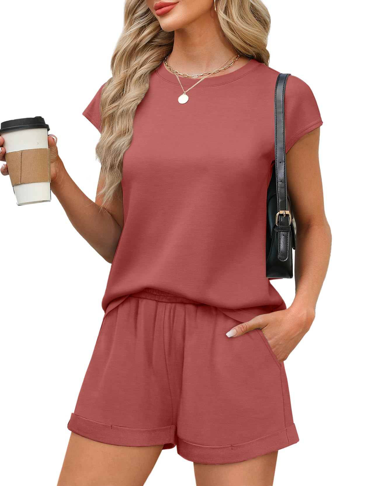 WIHOLL 2 Piece Sets for Women Casual Summer Travel Vacation Outfits Cap Sleeve Shorts Lounge Set