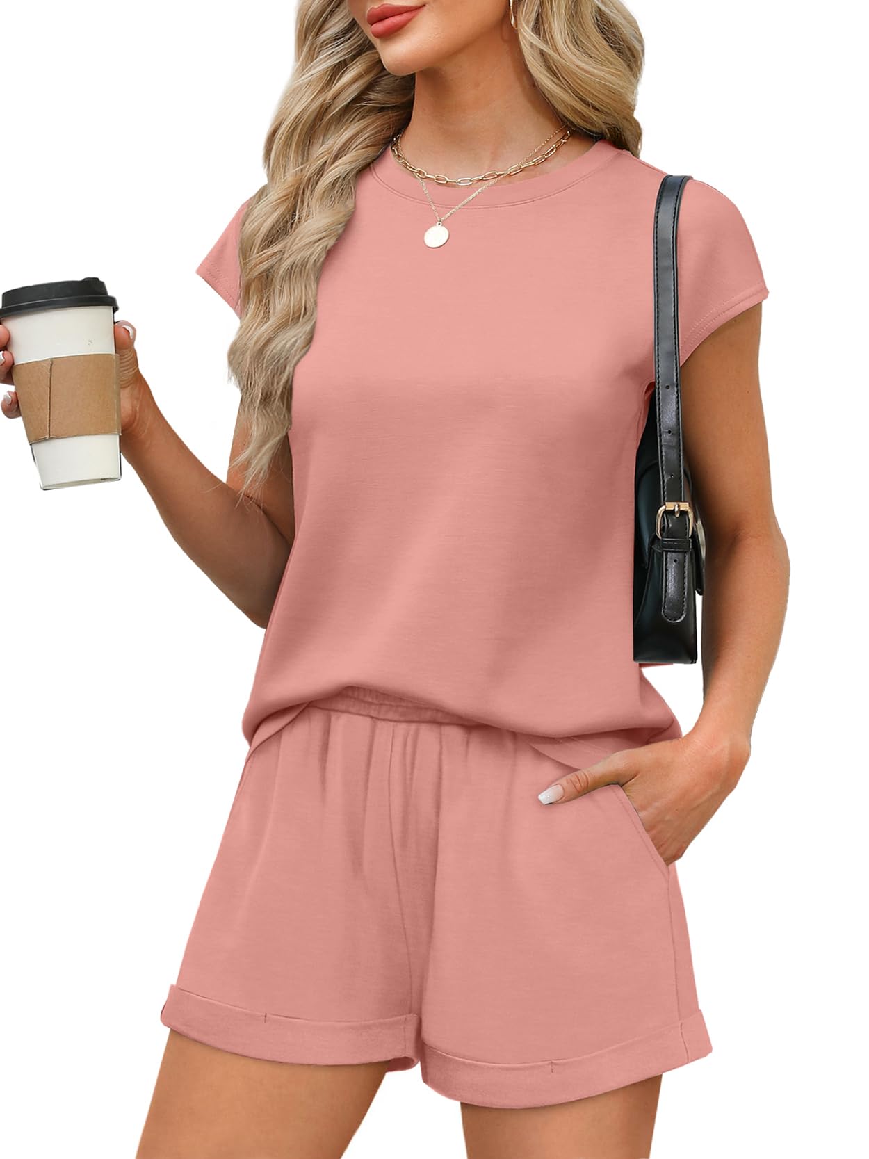 WIHOLL 2 Piece Sets for Women Casual Summer Travel Vacation Outfits Cap Sleeve Shorts Lounge Set