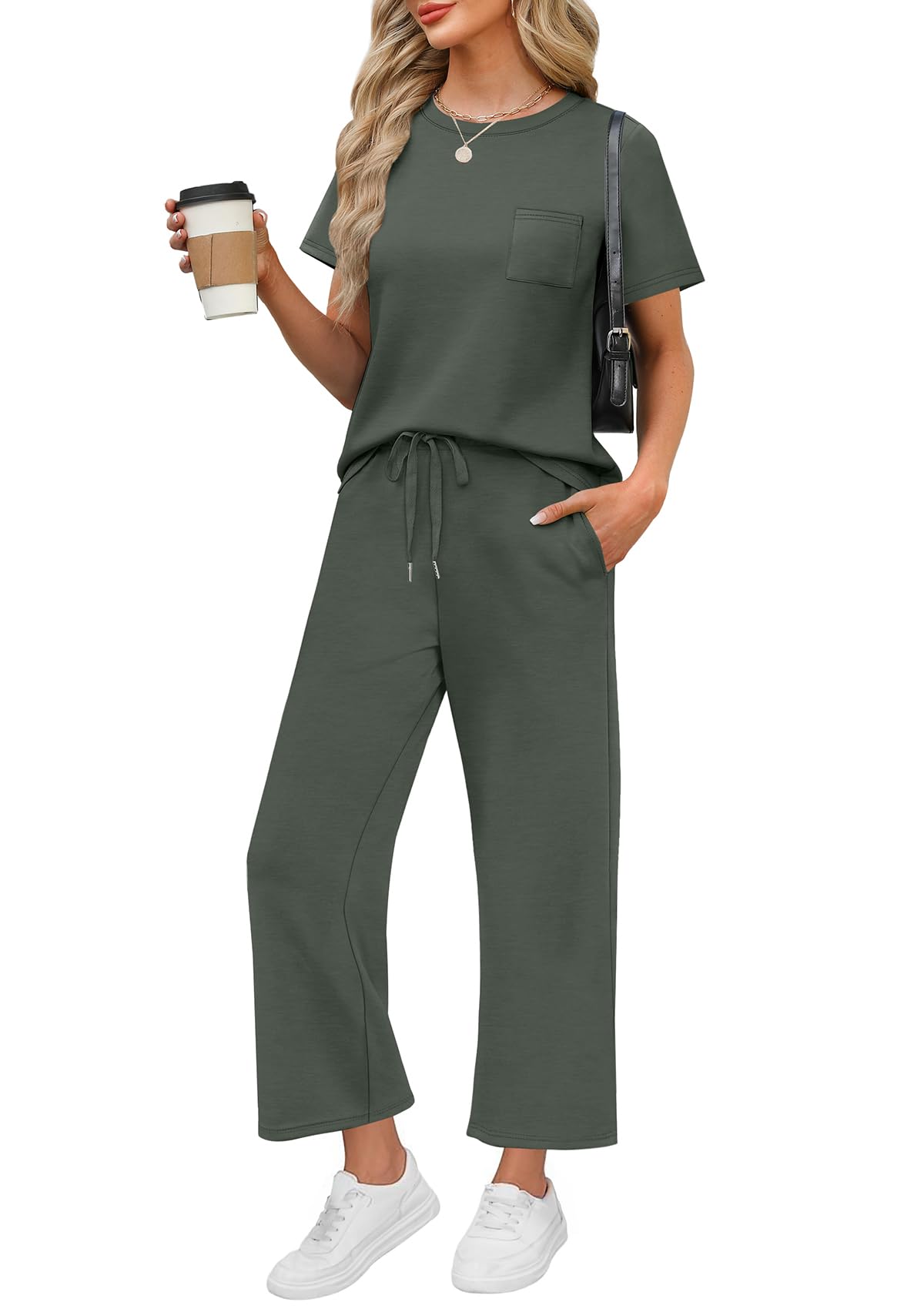 WIHOLL 2 Piece Sets for Women Casual Summer Travel Vacation Outfits Short Sleeve Wide Leg Crop Pants Lounge Sets