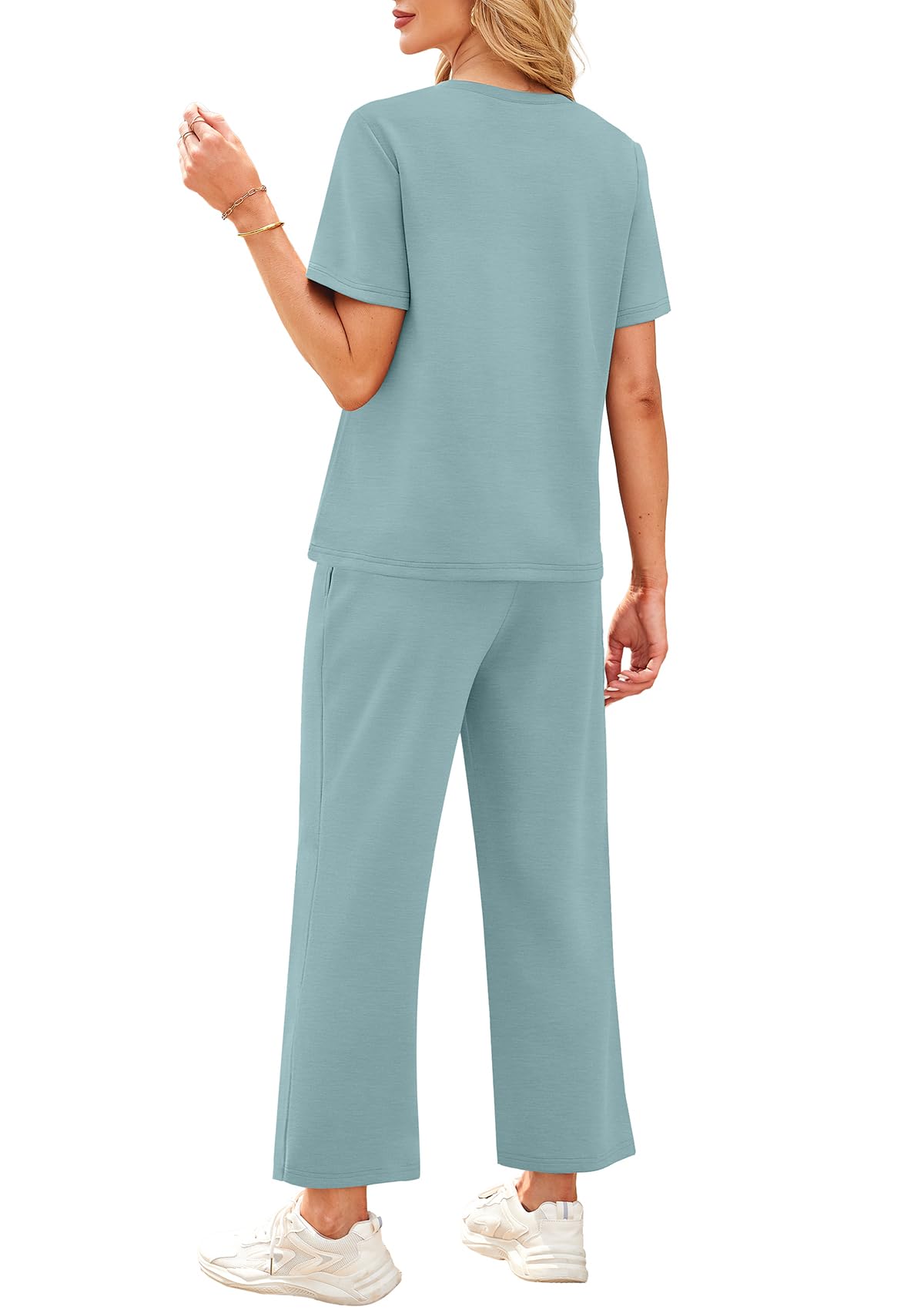 WIHOLL 2 Piece Sets for Women Casual Summer Travel Vacation Outfits Short Sleeve Wide Leg Crop Pants Lounge Sets