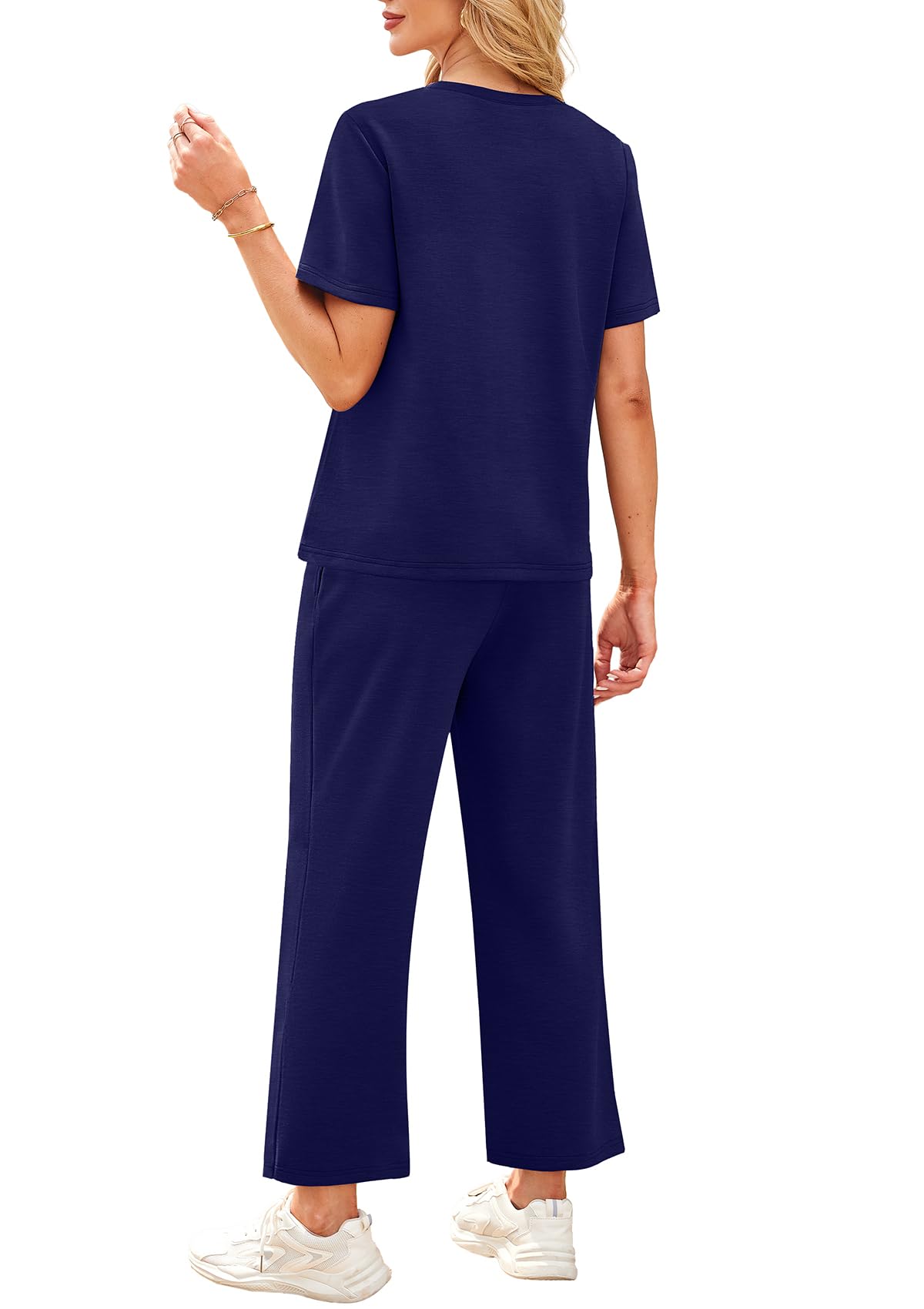 WIHOLL 2 Piece Sets for Women Casual Summer Travel Vacation Outfits Short Sleeve Wide Leg Crop Pants Lounge Sets