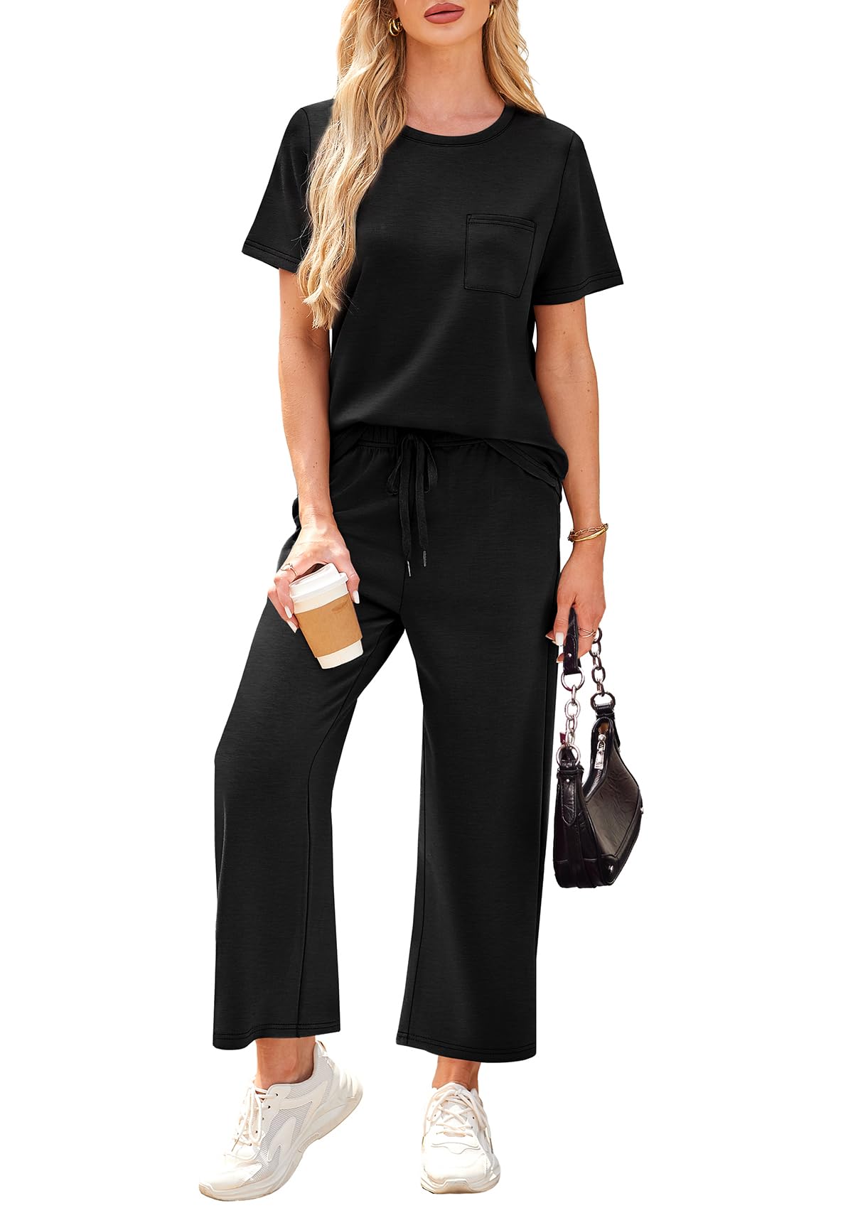 WIHOLL 2 Piece Sets for Women Casual Summer Travel Vacation Outfits Short Sleeve Wide Leg Crop Pants Lounge Sets