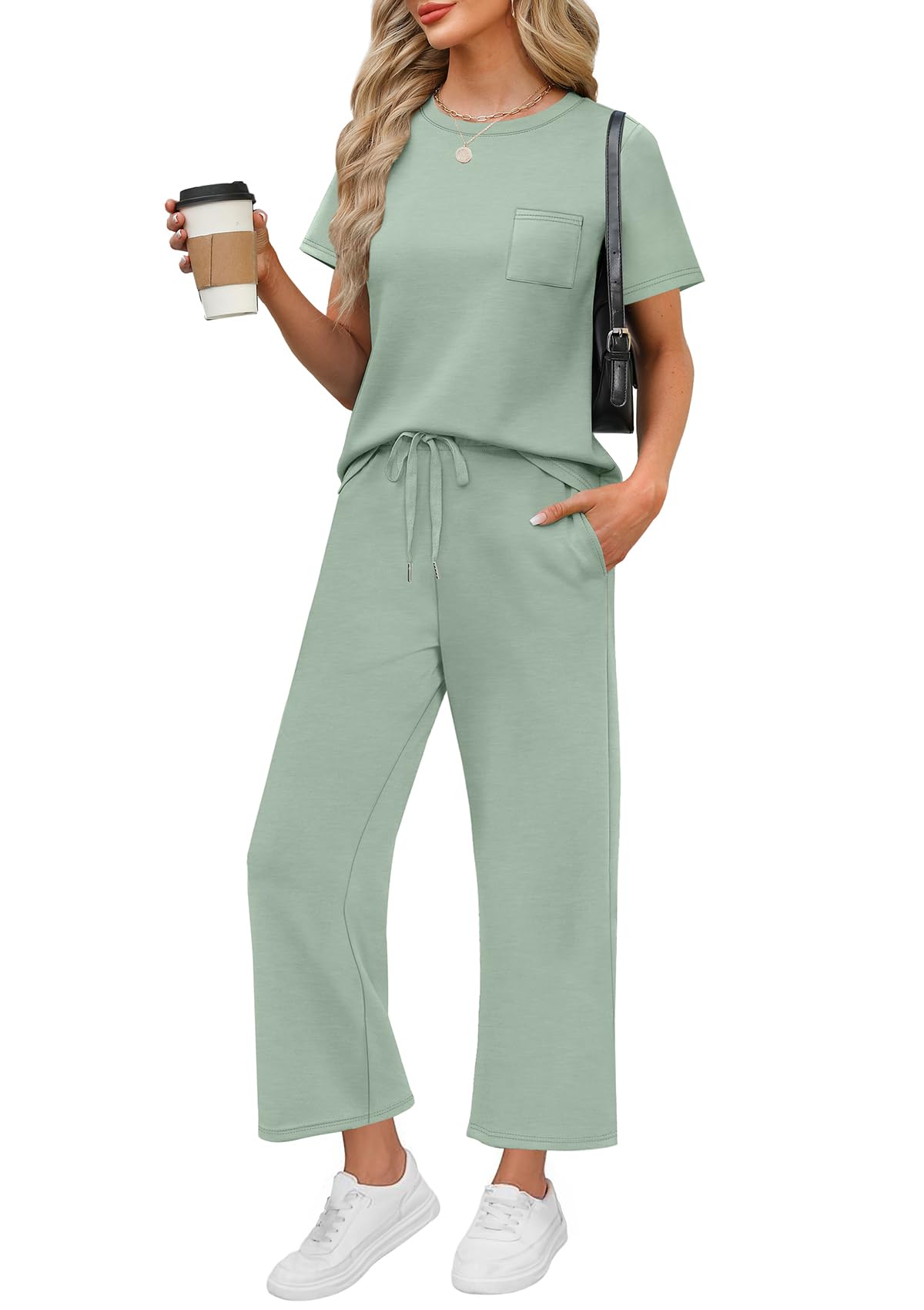 WIHOLL 2 Piece Sets for Women Casual Summer Travel Vacation Outfits Short Sleeve Wide Leg Crop Pants Lounge Sets