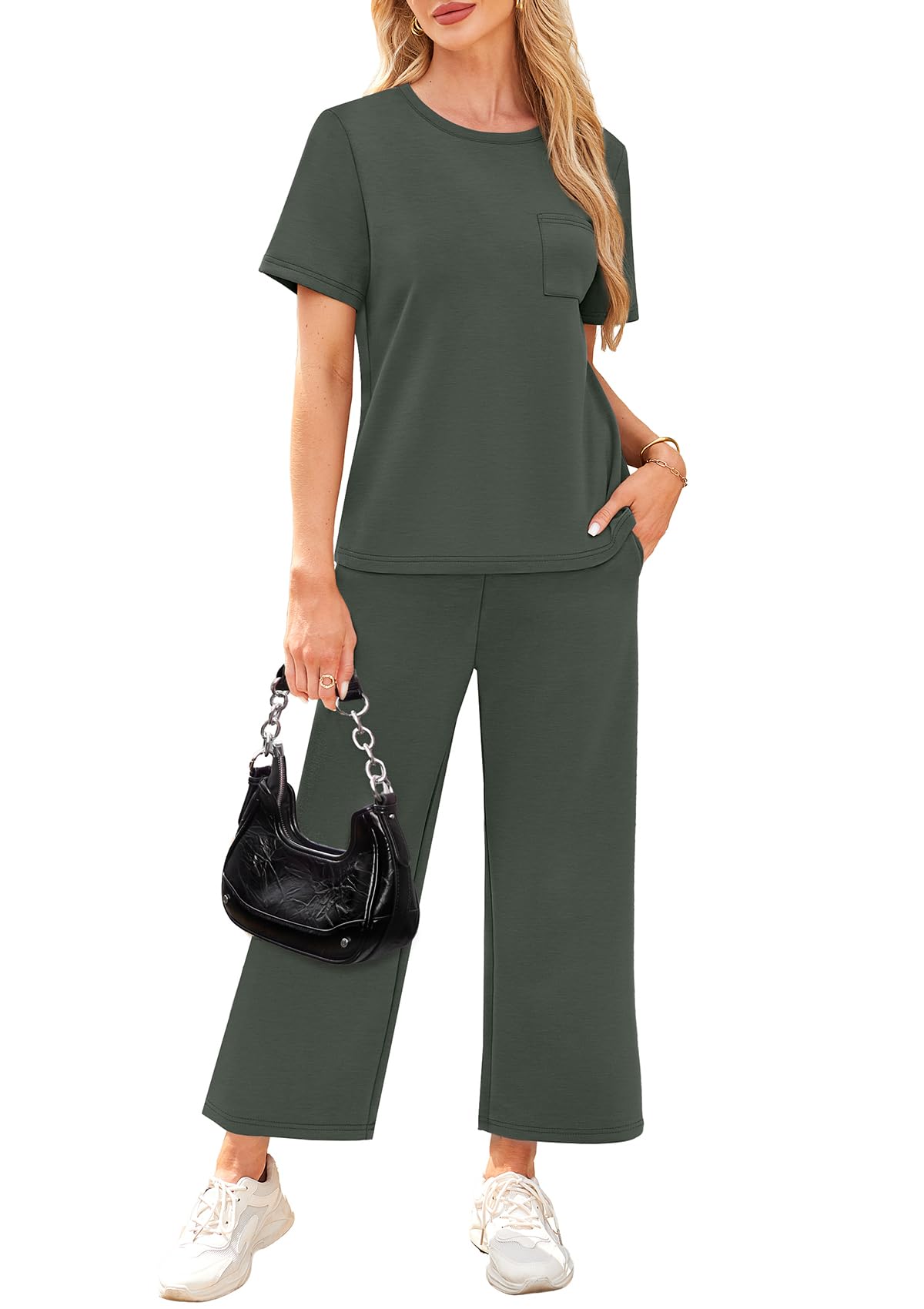 WIHOLL 2 Piece Sets for Women Casual Summer Travel Vacation Outfits Short Sleeve Wide Leg Crop Pants Lounge Sets