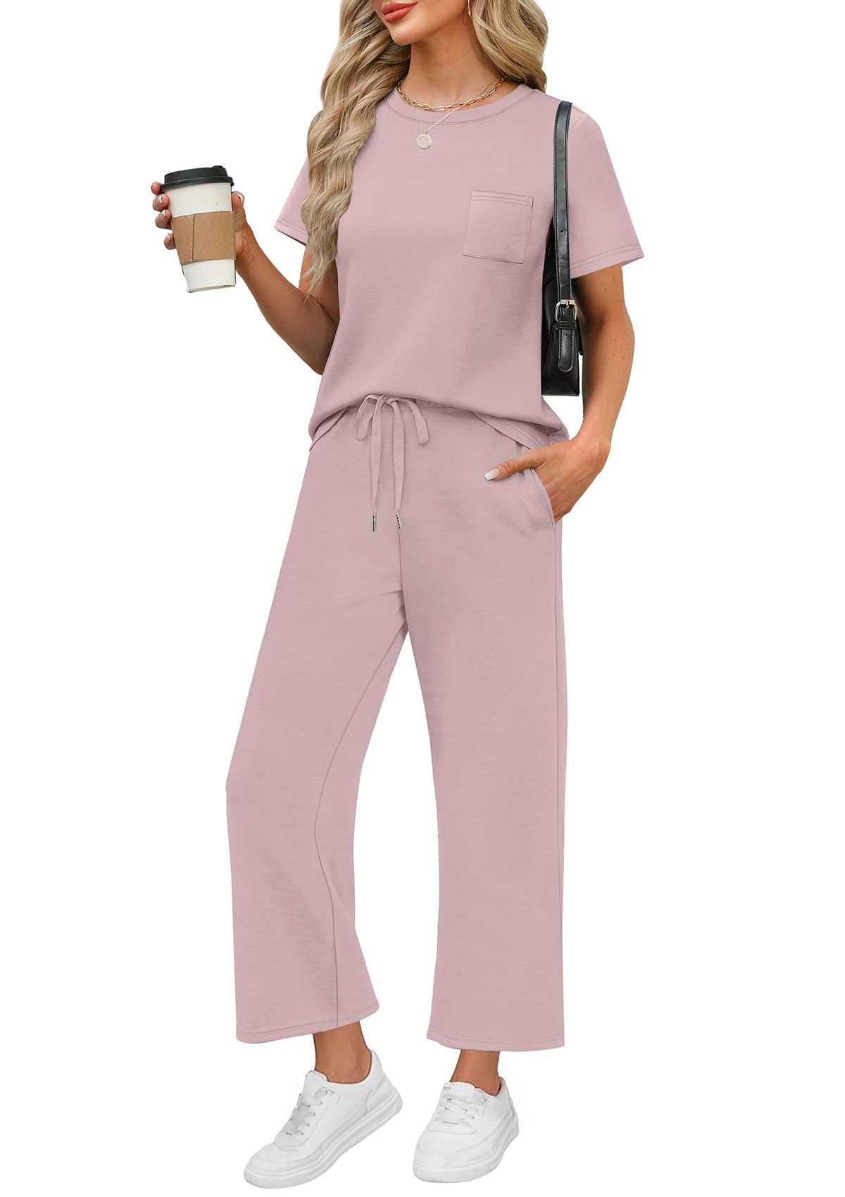 WIHOLL 2 Piece Sets for Women Casual Summer Travel Vacation Outfits Short Sleeve Wide Leg Crop Pants Lounge Sets