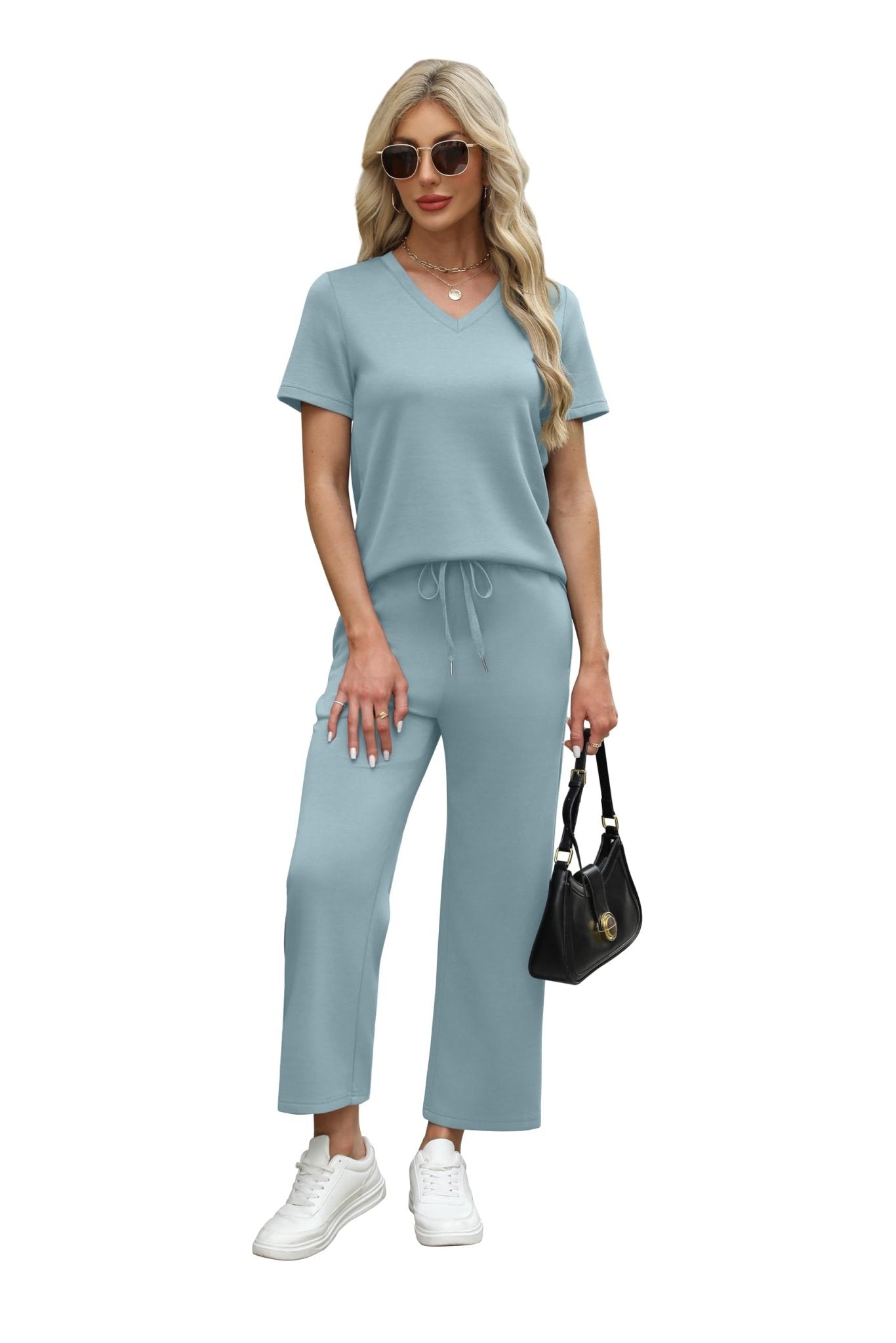 WIHOLL 2 Piece Sets for Women Summer Lounge Set Wide Leg Pants Matching Set Vacation Travel Outfits Beach Clothing