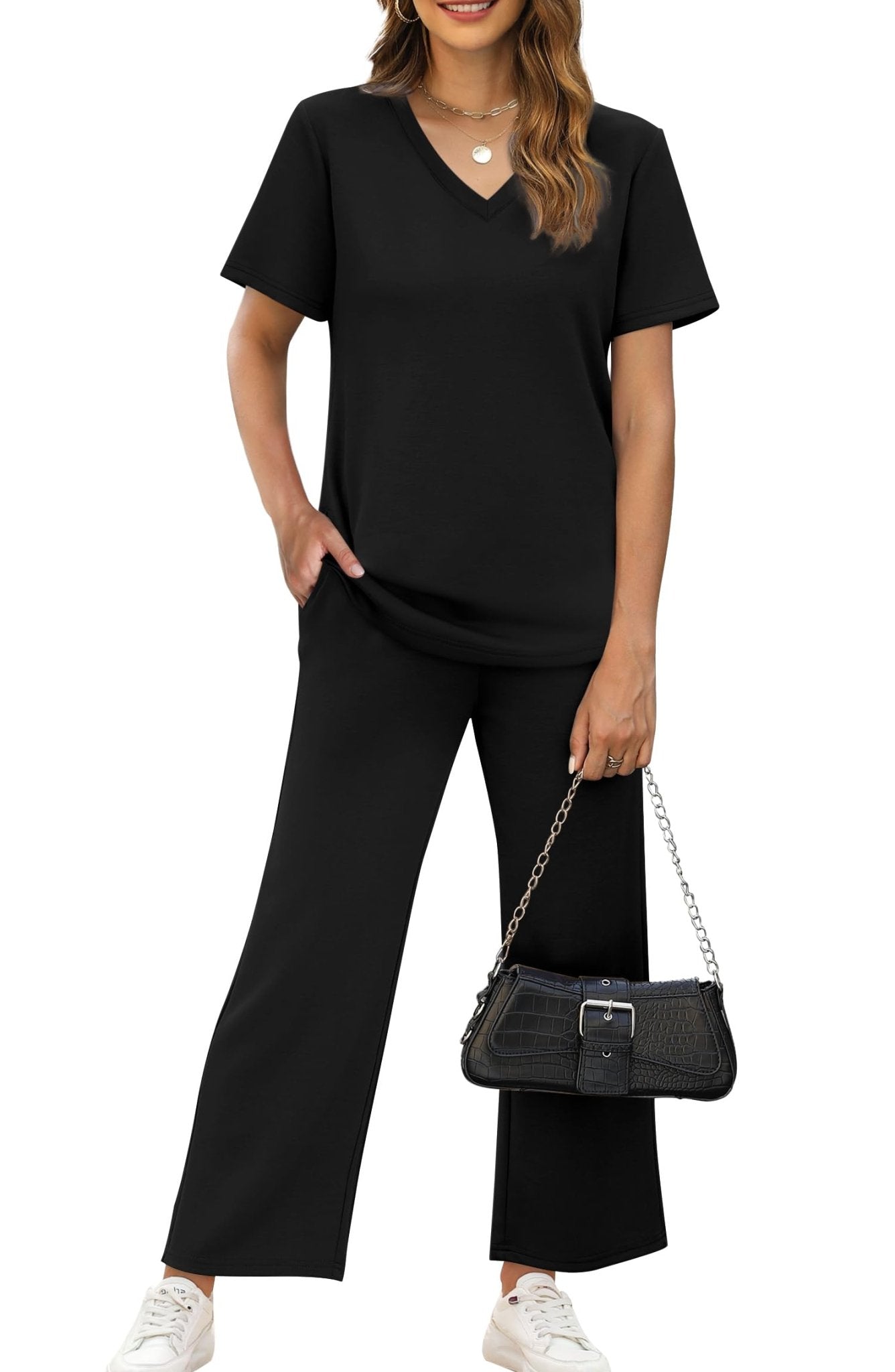 WIHOLL 2 Piece Sets for Women Summer Lounge Set Wide Leg Pants Matching Set Vacation Travel Outfits Beach Clothing