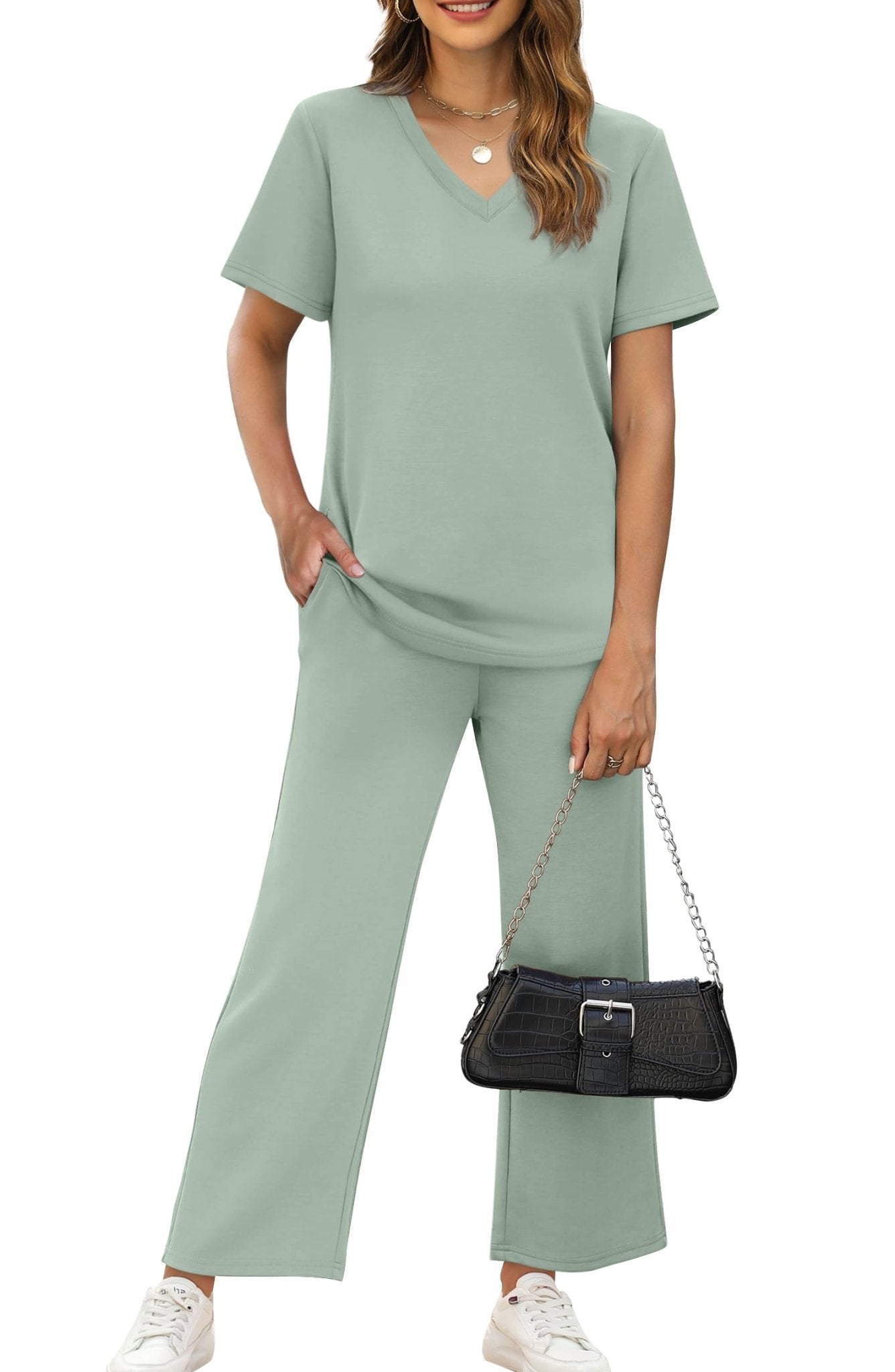 WIHOLL 2 Piece Sets for Women Summer Lounge Set Wide Leg Pants Matching Set Vacation Travel Outfits Beach Clothing