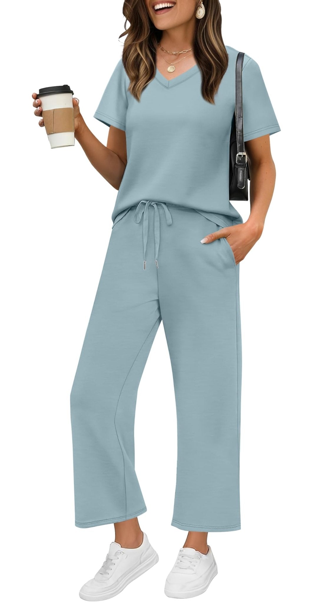 WIHOLL 2 Piece Sets for Women Summer Lounge Set Wide Leg Pants Matching Set Vacation Travel Outfits Beach Clothing