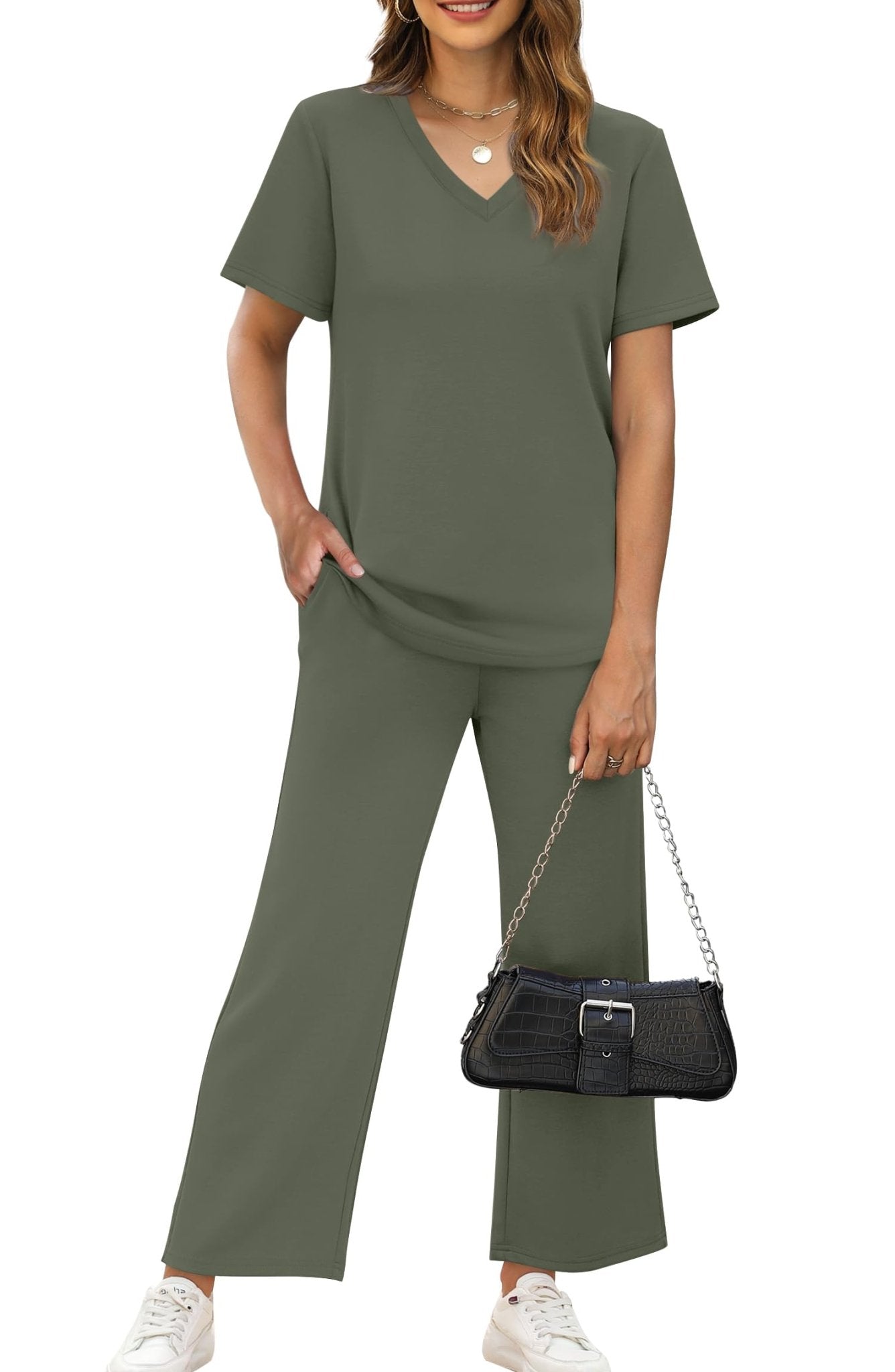 WIHOLL 2 Piece Sets for Women Summer Lounge Set Wide Leg Pants Matching Set Vacation Travel Outfits Beach Clothing