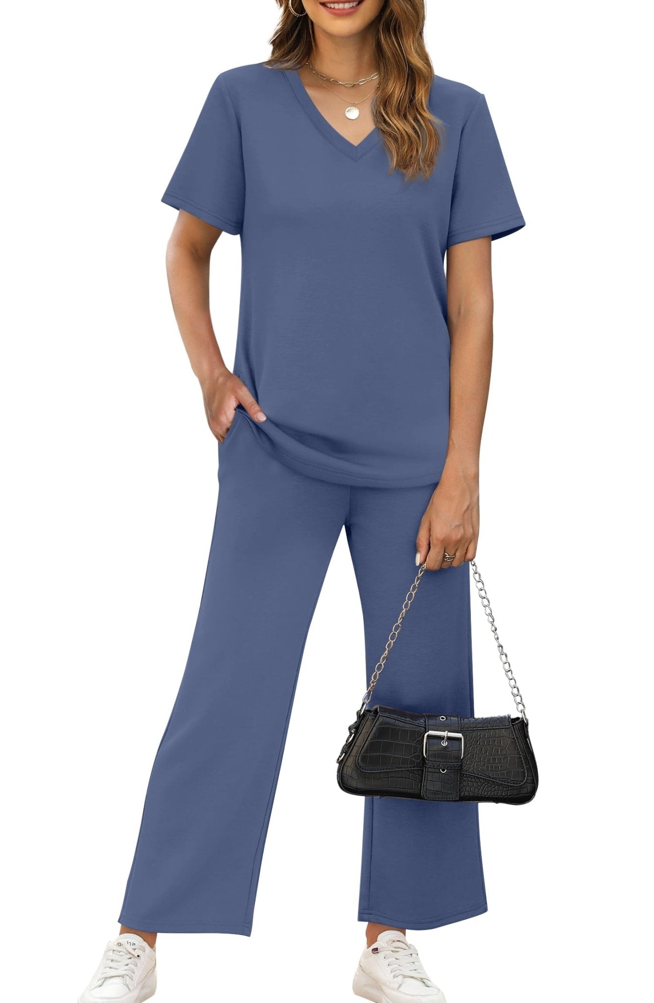 WIHOLL 2 Piece Sets for Women Summer Lounge Set Wide Leg Pants Matching Set Vacation Travel Outfits Beach Clothing