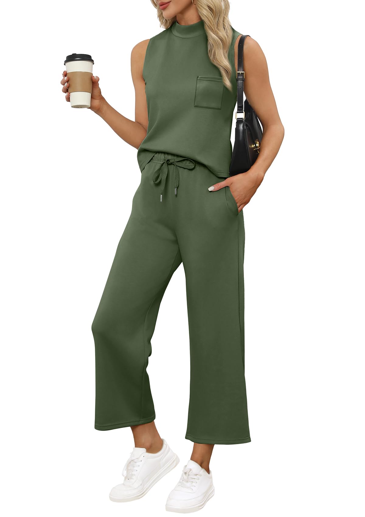 WIHOLL 2 Piece Sets for Women Summer Travel Vacation Outfits Casual Mock Neck Wide Leg Crop Pants Lounge Sets