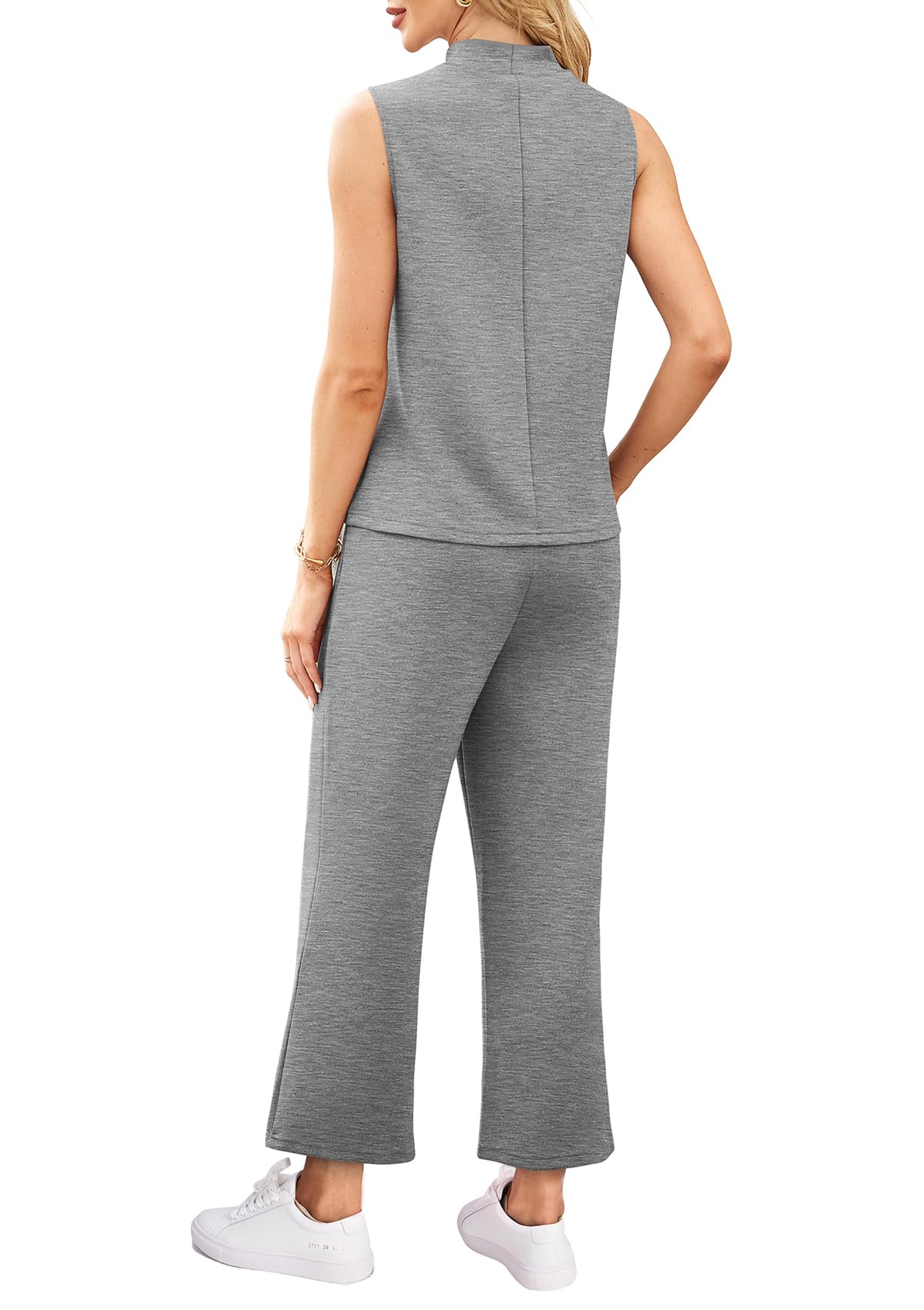 WIHOLL 2 Piece Sets for Women Summer Travel Vacation Outfits Casual Mock Neck Wide Leg Crop Pants Lounge Sets