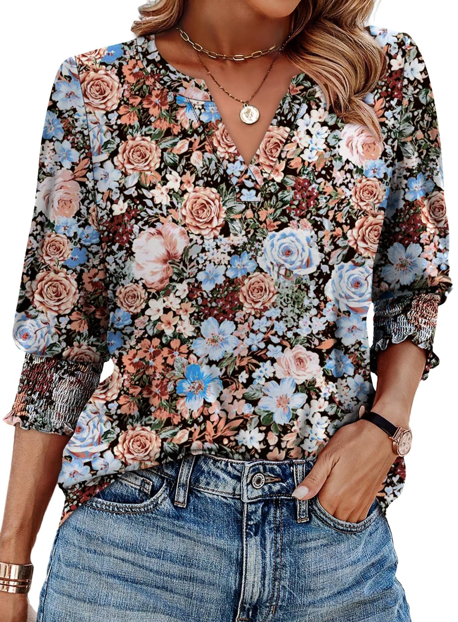 WIHOLL Blouses for Women Dressy Casual 3/4 Length Sleeve Womens Tops Trendy Summer Spring Shirts S-3XL