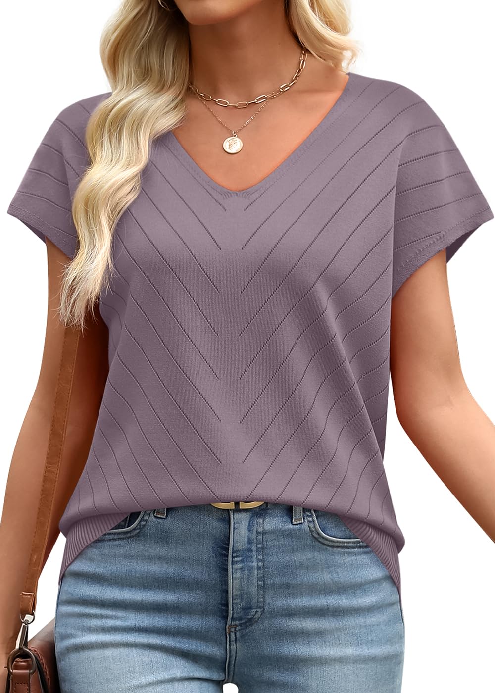 WIHOLL Short Sleeve Sweater for Women V Neck Trendy Summer Tops 2025 Beach Vacation Clothes Travel Business Casual Outfits