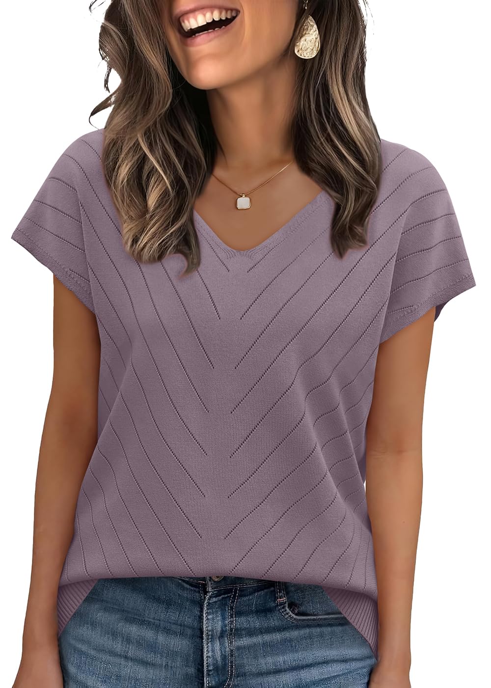 WIHOLL Short Sleeve Sweater for Women V Neck Trendy Summer Tops 2025 Beach Vacation Clothes Travel Business Casual Outfits