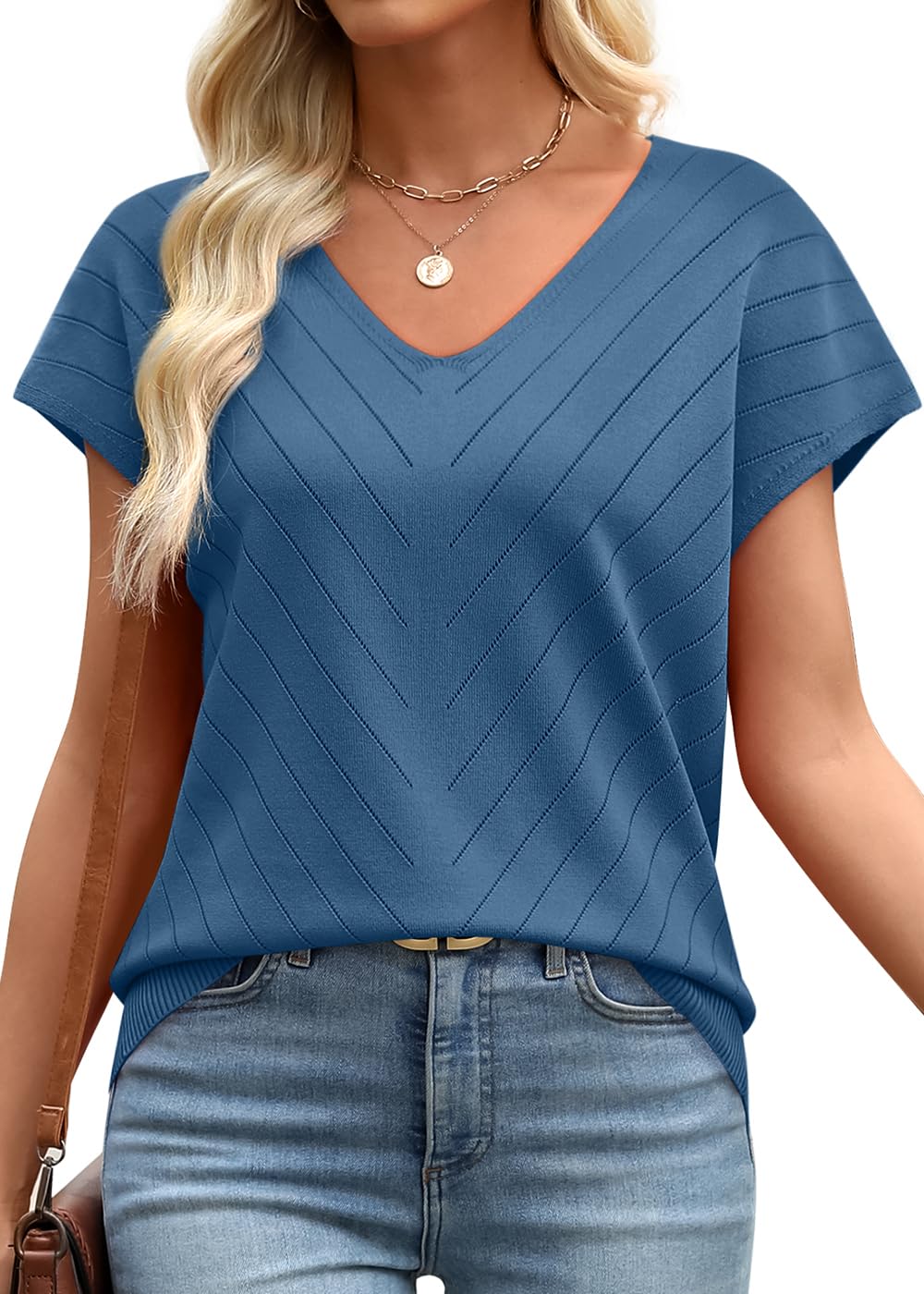 WIHOLL Short Sleeve Sweater for Women V Neck Trendy Summer Tops 2025 Beach Vacation Clothes Travel Business Casual Outfits