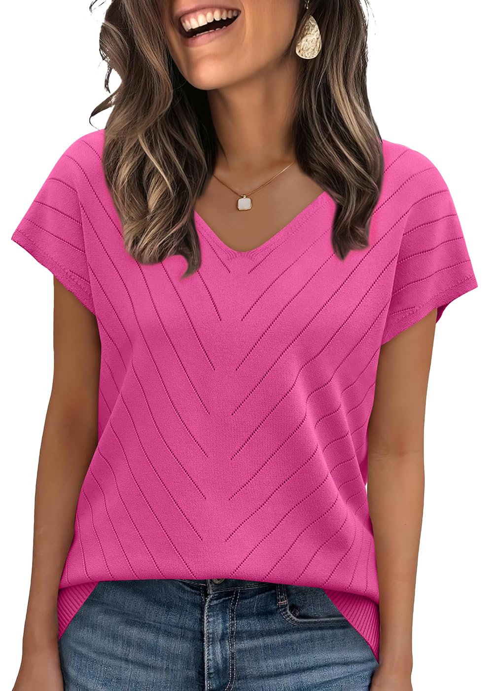 WIHOLL Short Sleeve Sweater for Women V Neck Trendy Summer Tops 2025 Beach Vacation Clothes Travel Business Casual Outfits