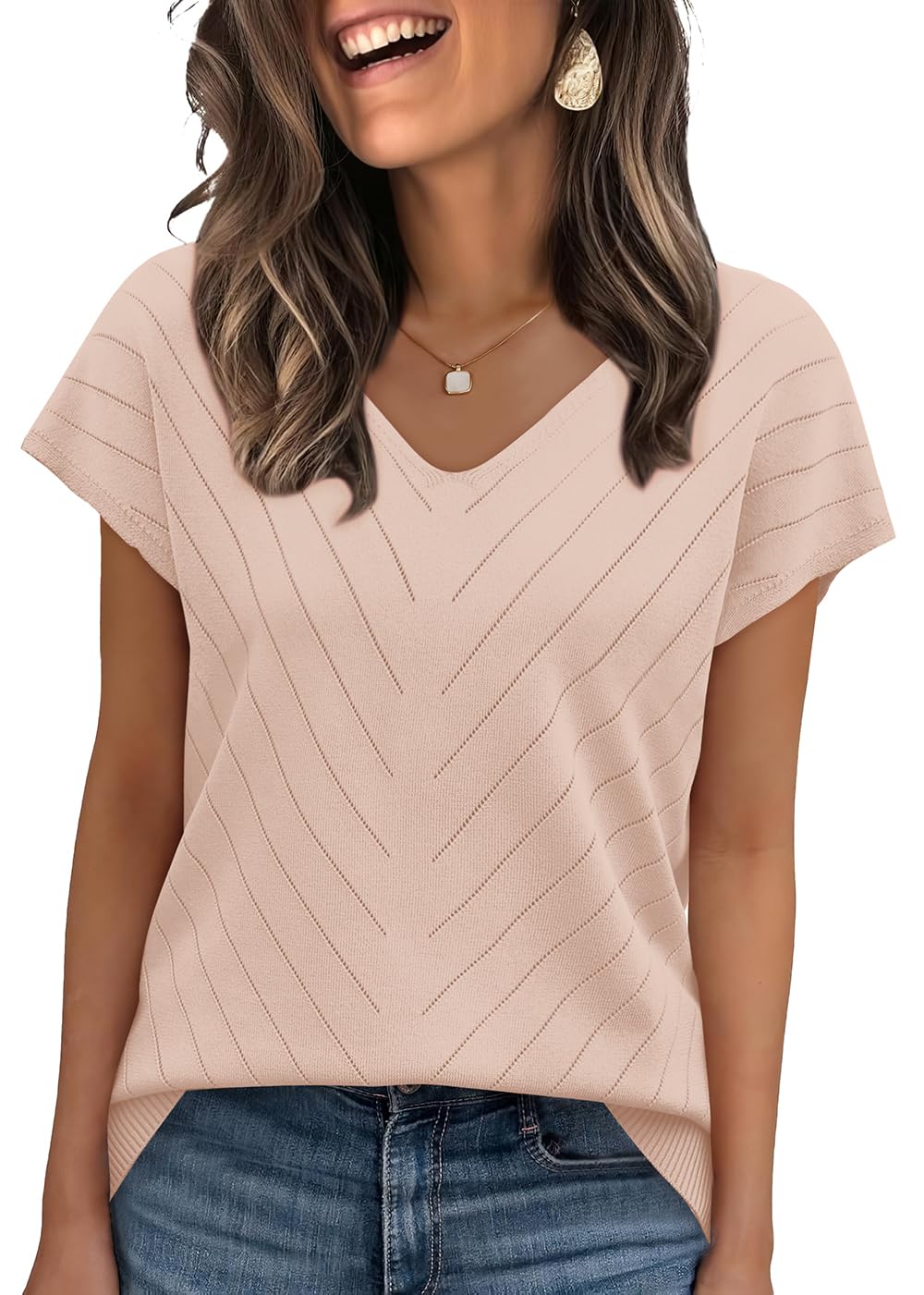 WIHOLL Short Sleeve Sweater for Women V Neck Trendy Summer Tops 2025 Beach Vacation Clothes Travel Business Casual Outfits