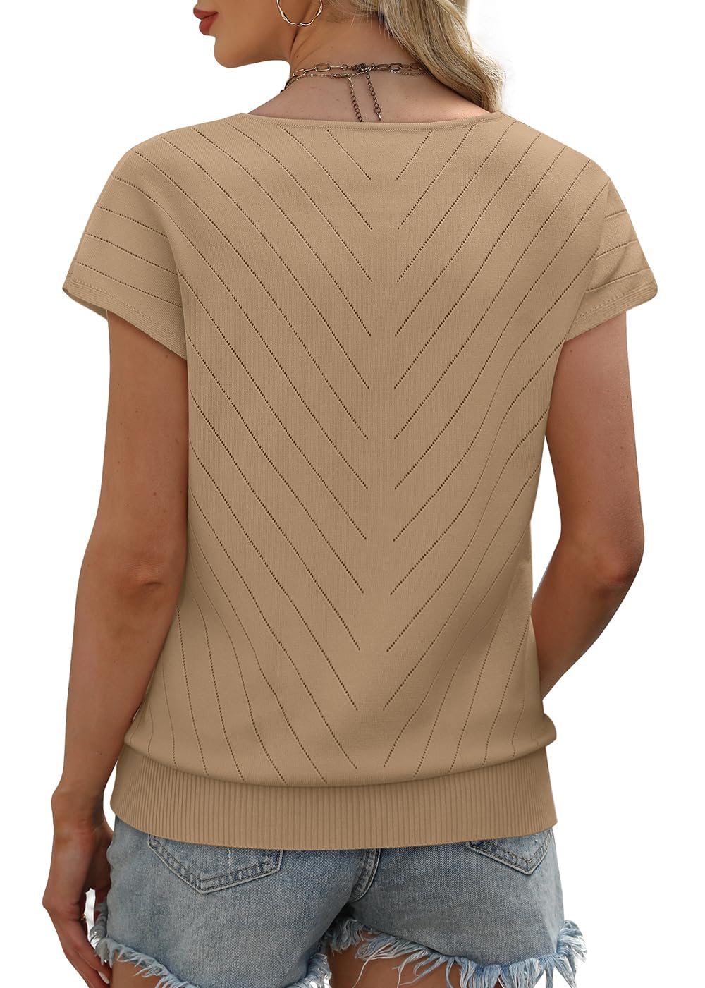 WIHOLL Short Sleeve Sweater for Women V Neck Trendy Summer Tops 2025 Beach Vacation Clothes Travel Business Casual Outfits