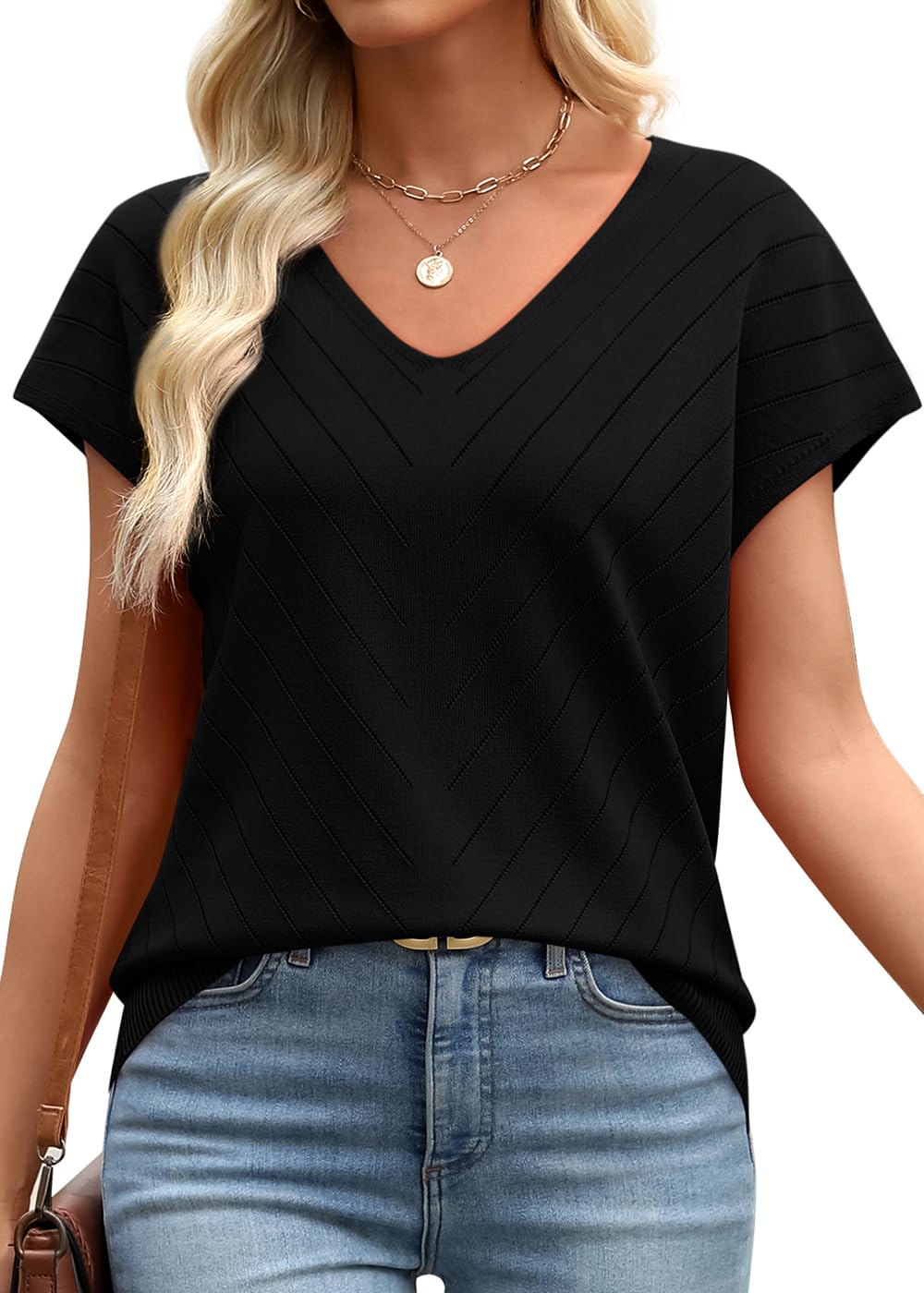 WIHOLL Short Sleeve Sweater for Women V Neck Trendy Summer Tops 2025 Beach Vacation Clothes Travel Business Casual Outfits
