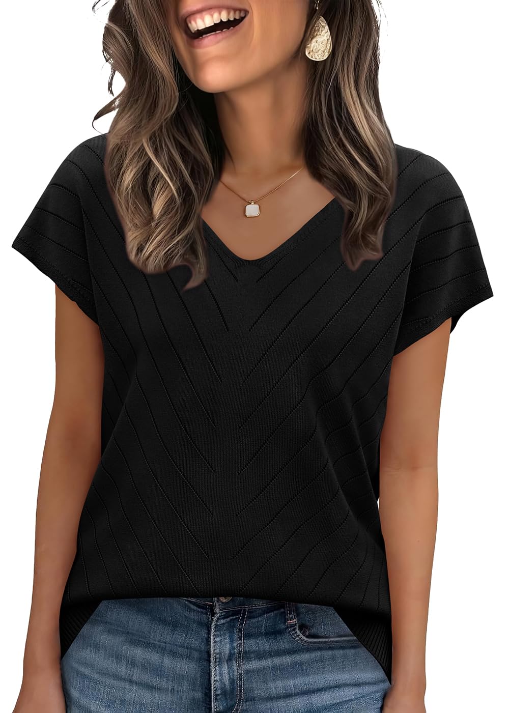 WIHOLL Short Sleeve Sweater for Women V Neck Trendy Summer Tops 2025 Beach Vacation Clothes Travel Business Casual Outfits