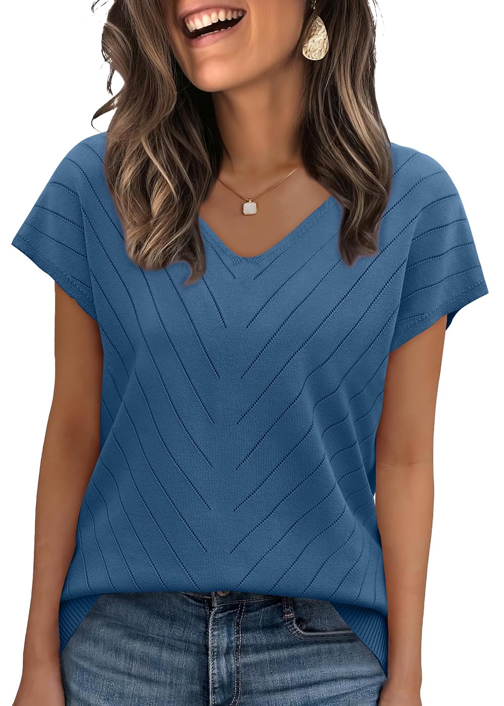 WIHOLL Short Sleeve Sweater for Women V Neck Trendy Summer Tops 2025 Beach Vacation Clothes Travel Business Casual Outfits