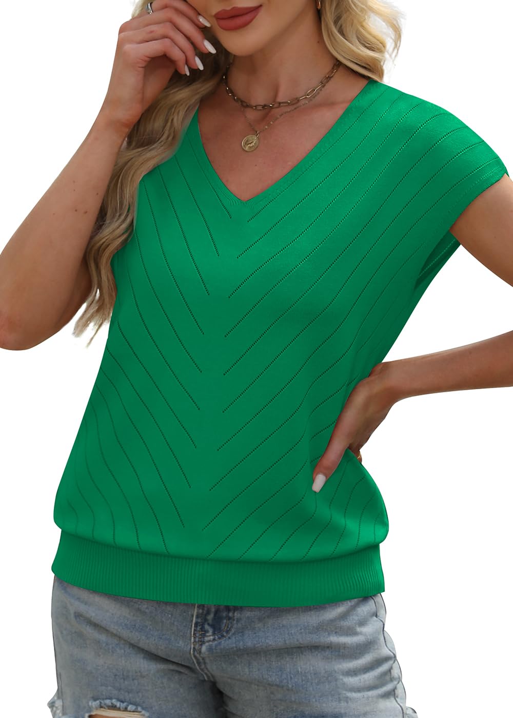 WIHOLL Short Sleeve Sweater for Women V Neck Trendy Summer Tops 2025 Beach Vacation Clothes Travel Business Casual Outfits