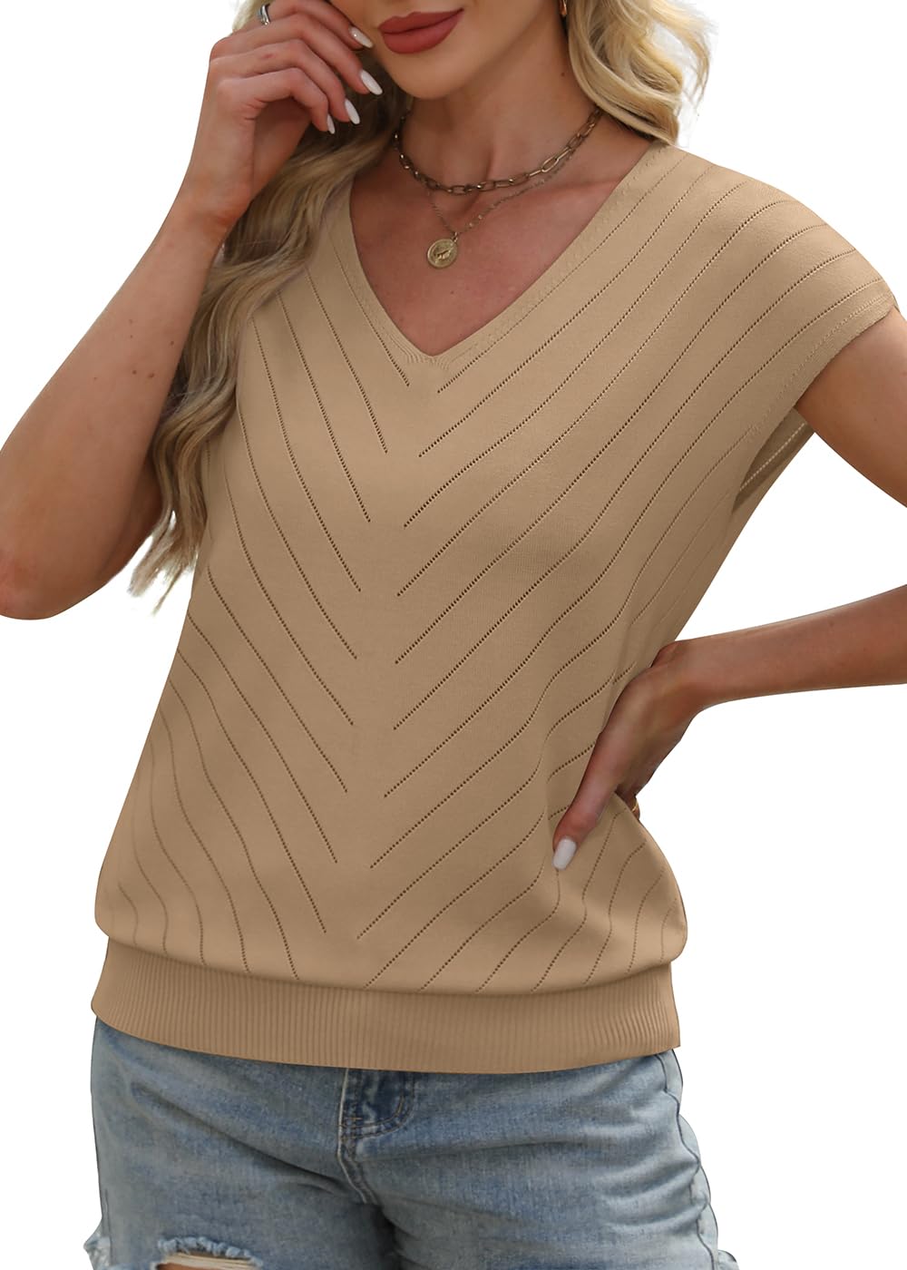 WIHOLL Short Sleeve Sweater for Women V Neck Trendy Summer Tops 2025 Beach Vacation Clothes Travel Business Casual Outfits