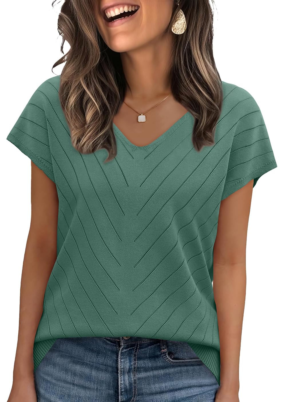 WIHOLL Short Sleeve Sweater for Women V Neck Trendy Summer Tops 2025 Beach Vacation Clothes Travel Business Casual Outfits