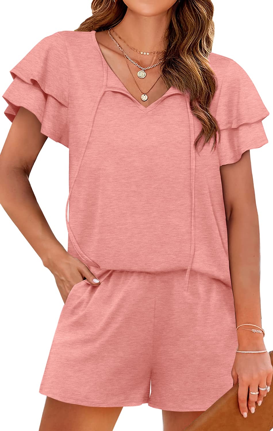 WIHOLL Summer Outfits for Women 2 Piece Short Sleeve V Neck Lounge Sets Casual