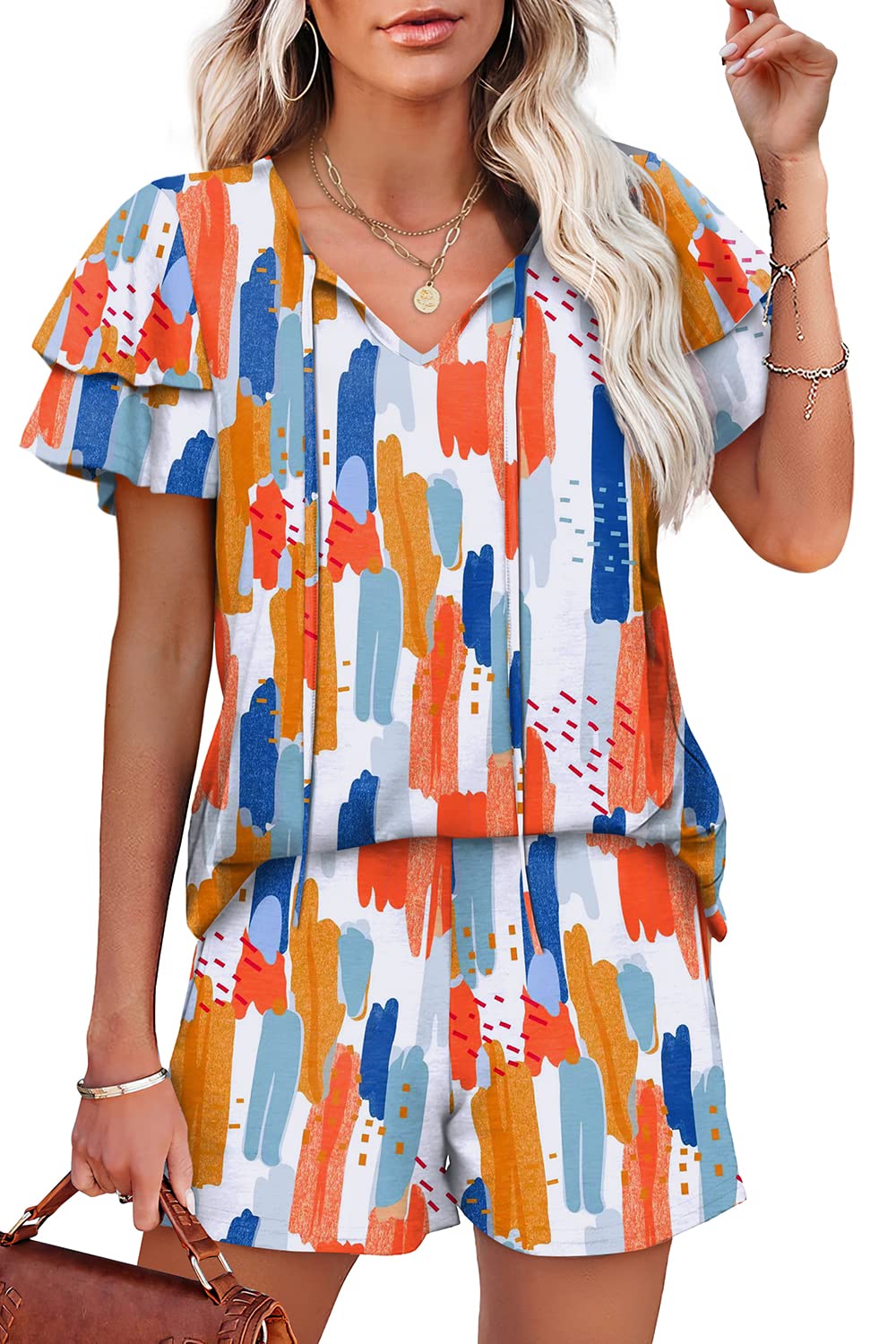 WIHOLL Summer Outfits for Women 2 Piece Short Sleeve V Neck Lounge Sets Casual