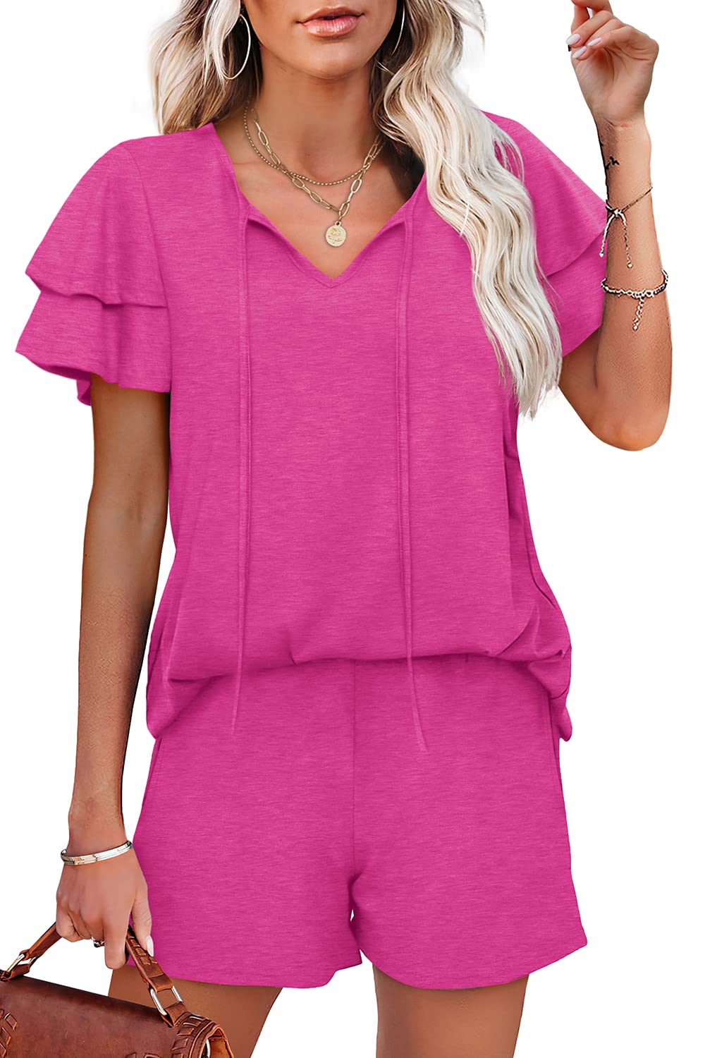 WIHOLL Summer Outfits for Women 2 Piece Short Sleeve V Neck Lounge Sets Casual