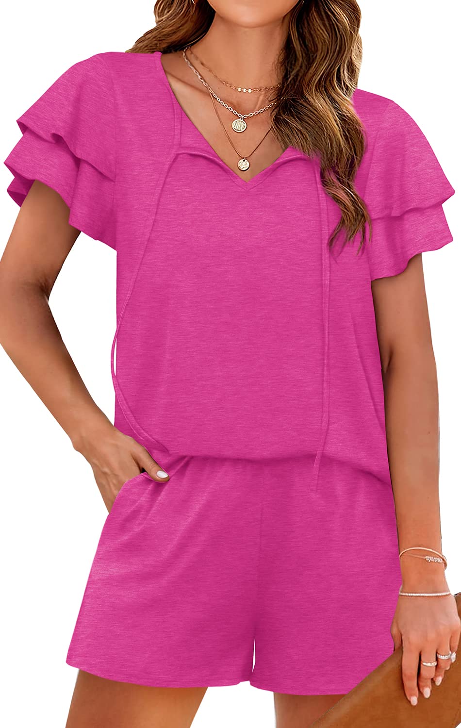 WIHOLL Summer Outfits for Women 2 Piece Short Sleeve V Neck Lounge Sets Casual