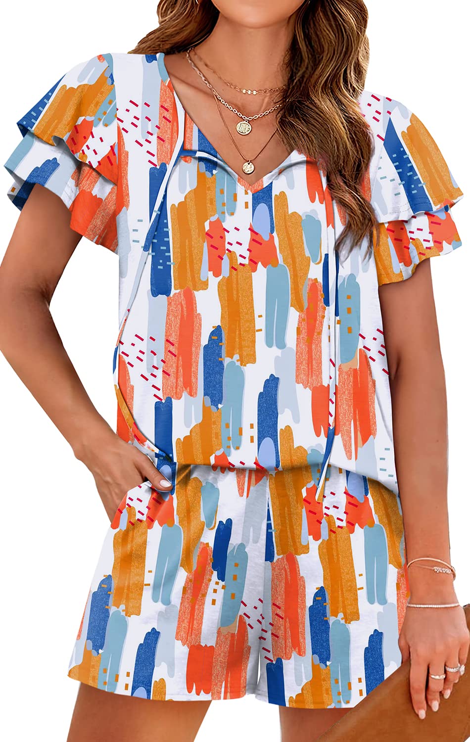 WIHOLL Summer Outfits for Women 2 Piece Short Sleeve V Neck Lounge Sets Casual