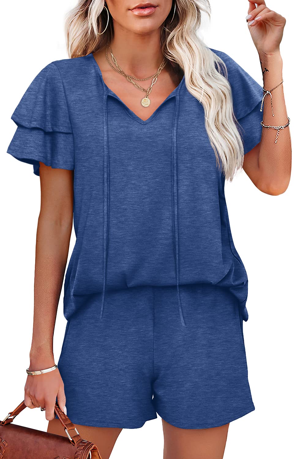 WIHOLL Summer Outfits for Women 2 Piece Short Sleeve V Neck Lounge Sets Casual