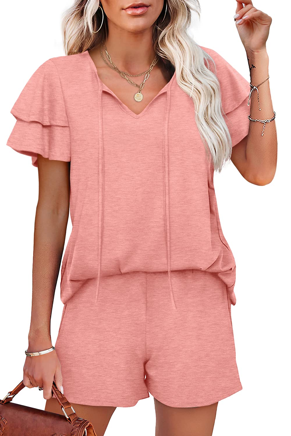WIHOLL Summer Outfits for Women 2 Piece Short Sleeve V Neck Lounge Sets Casual