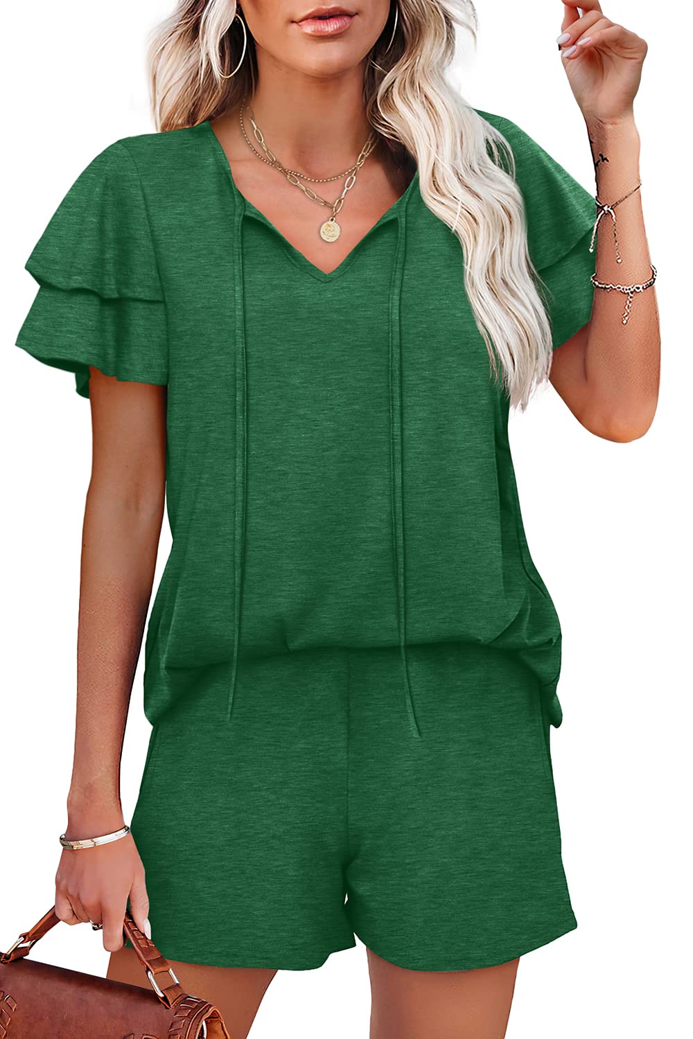 WIHOLL Summer Outfits for Women 2 Piece Short Sleeve V Neck Lounge Sets Casual