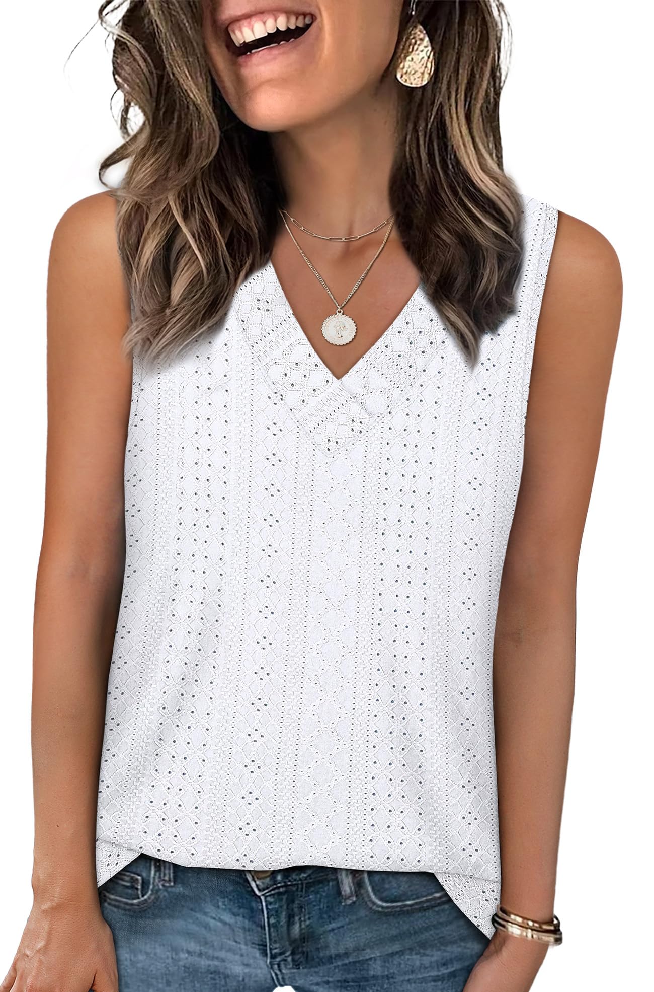 WIHOLL Tank Top for Women Summer Outfits V Neck T Shirts Trendy Eyelet Sleeveless Basic Beach Vacation Clothes
