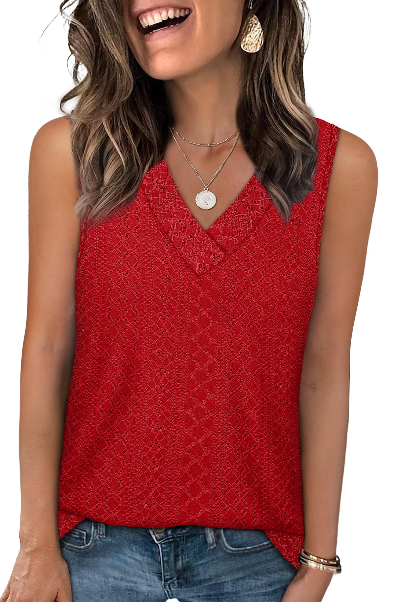 WIHOLL Tank Top for Women Summer Outfits V Neck T Shirts Trendy Eyelet Sleeveless Basic Beach Vacation Clothes