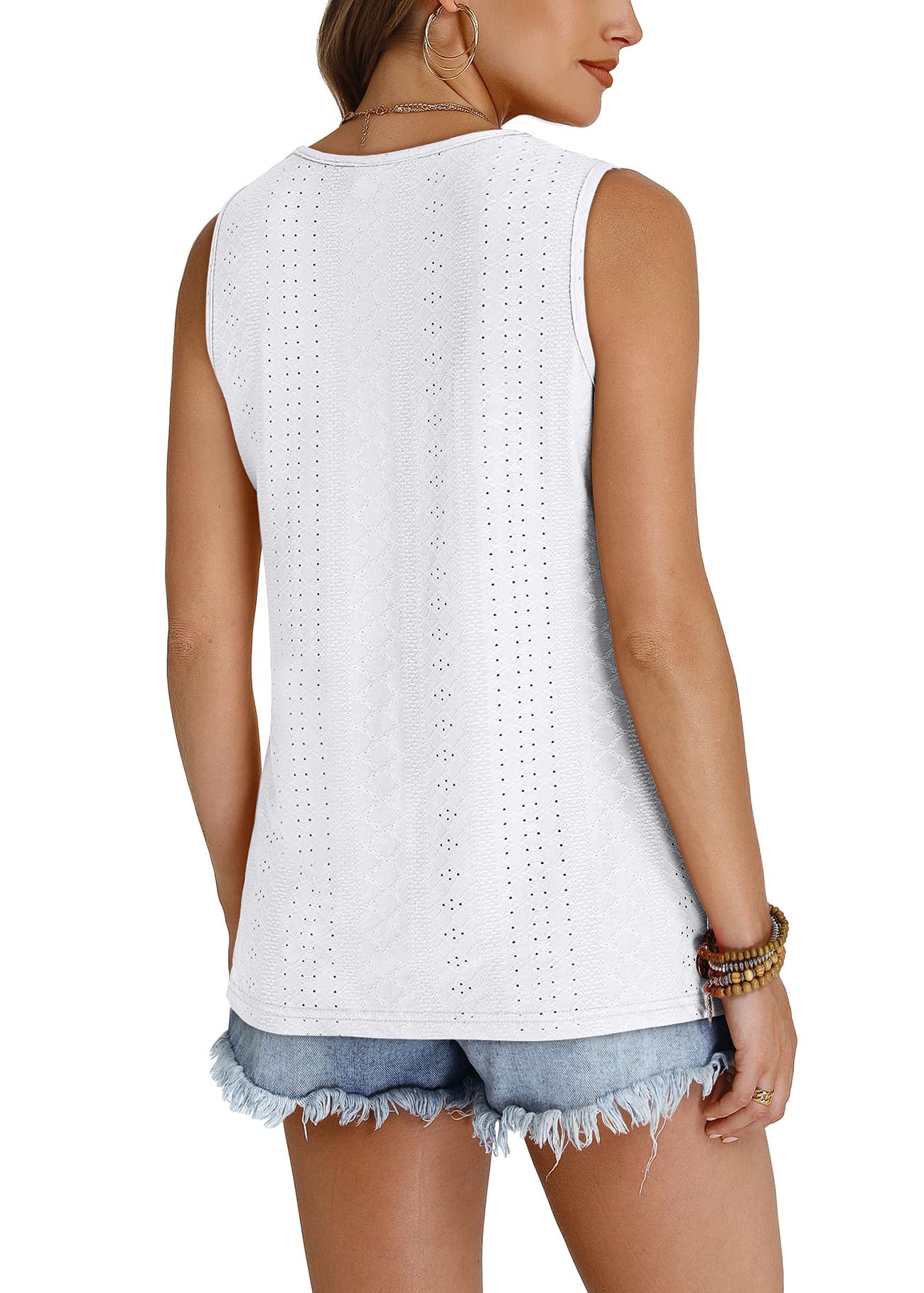 WIHOLL Tank Top for Women Summer Outfits V Neck T Shirts Trendy Eyelet Sleeveless Basic Beach Vacation Clothes