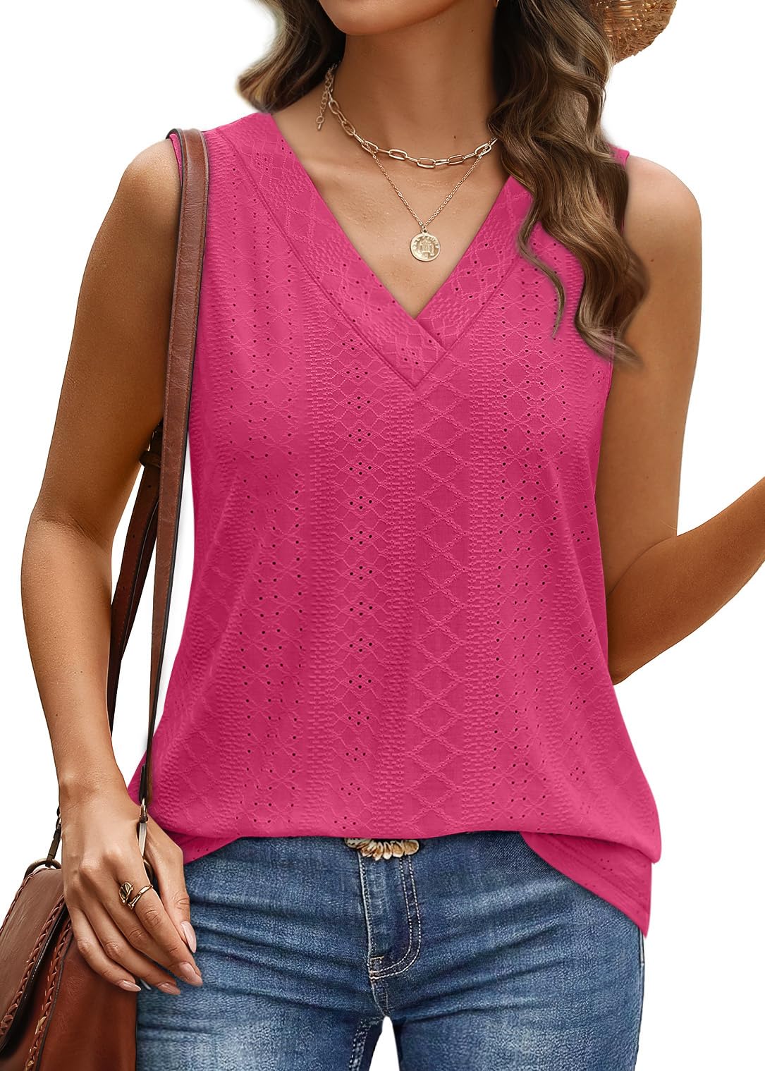 WIHOLL Tank Top for Women Summer Outfits V Neck T Shirts Trendy Eyelet Sleeveless Basic Beach Vacation Clothes
