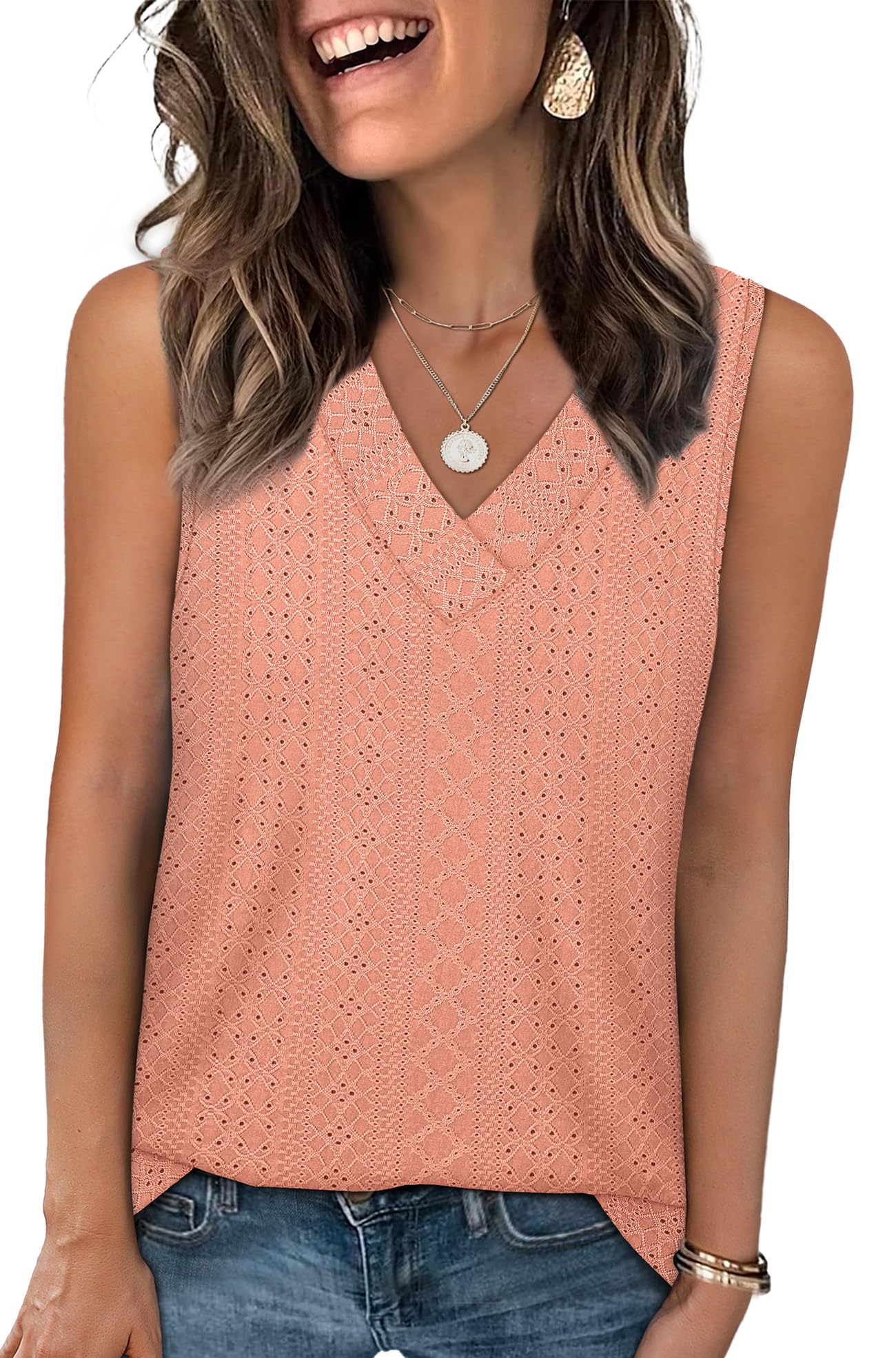 WIHOLL Tank Top for Women Summer Outfits V Neck T Shirts Trendy Eyelet Sleeveless Basic Beach Vacation Clothes