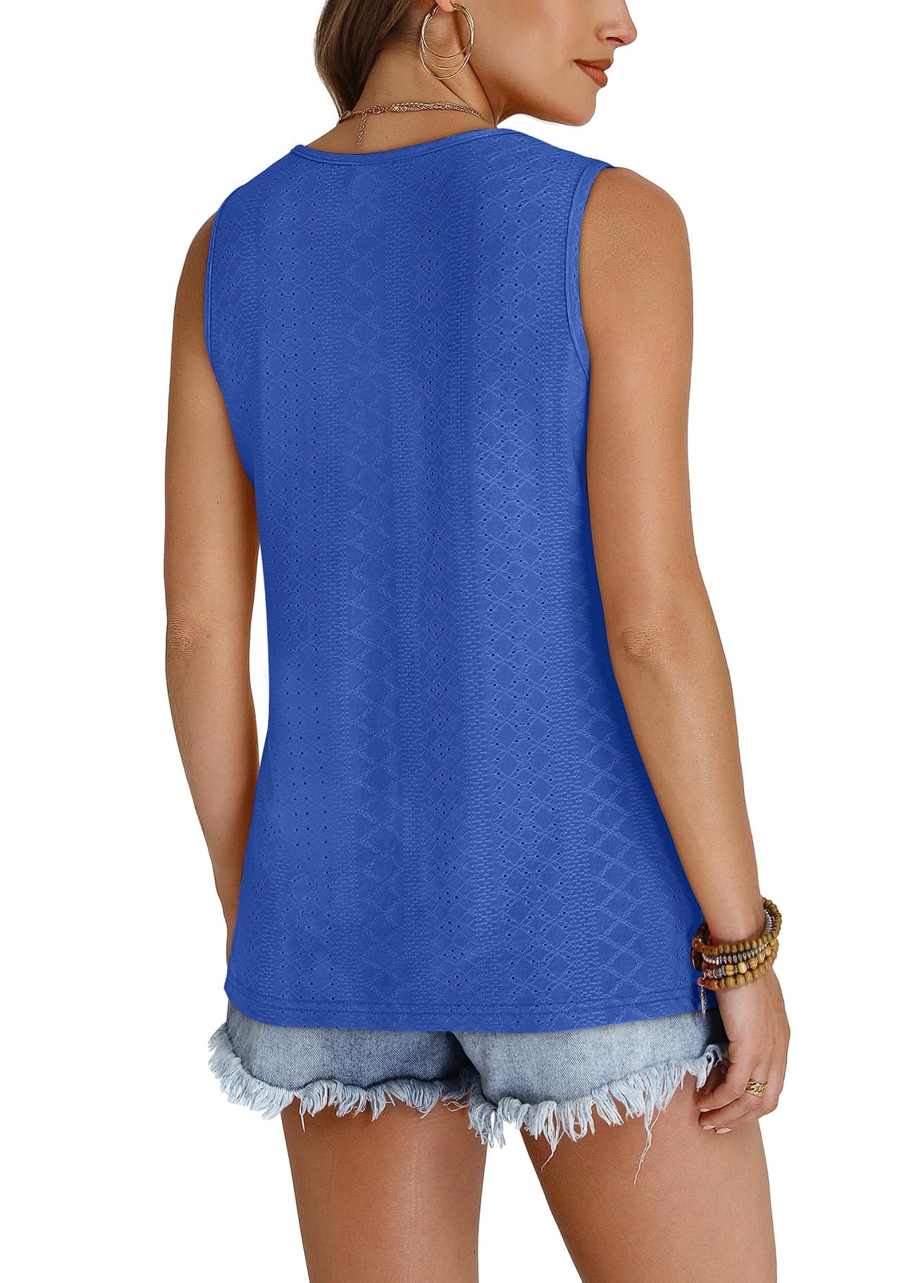 WIHOLL Tank Top for Women Summer Outfits V Neck T Shirts Trendy Eyelet Sleeveless Basic Beach Vacation Clothes