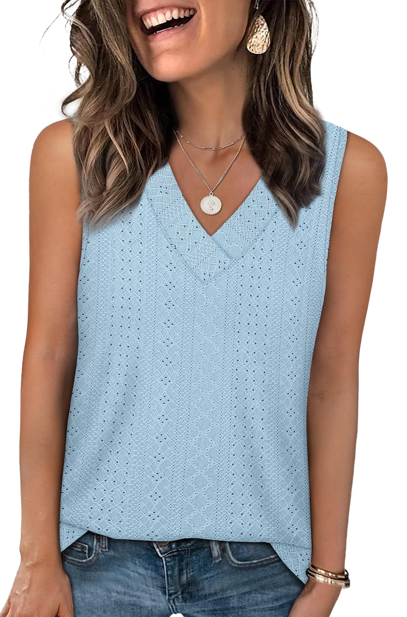 WIHOLL Tank Top for Women Summer Outfits V Neck T Shirts Trendy Eyelet Sleeveless Basic Beach Vacation Clothes