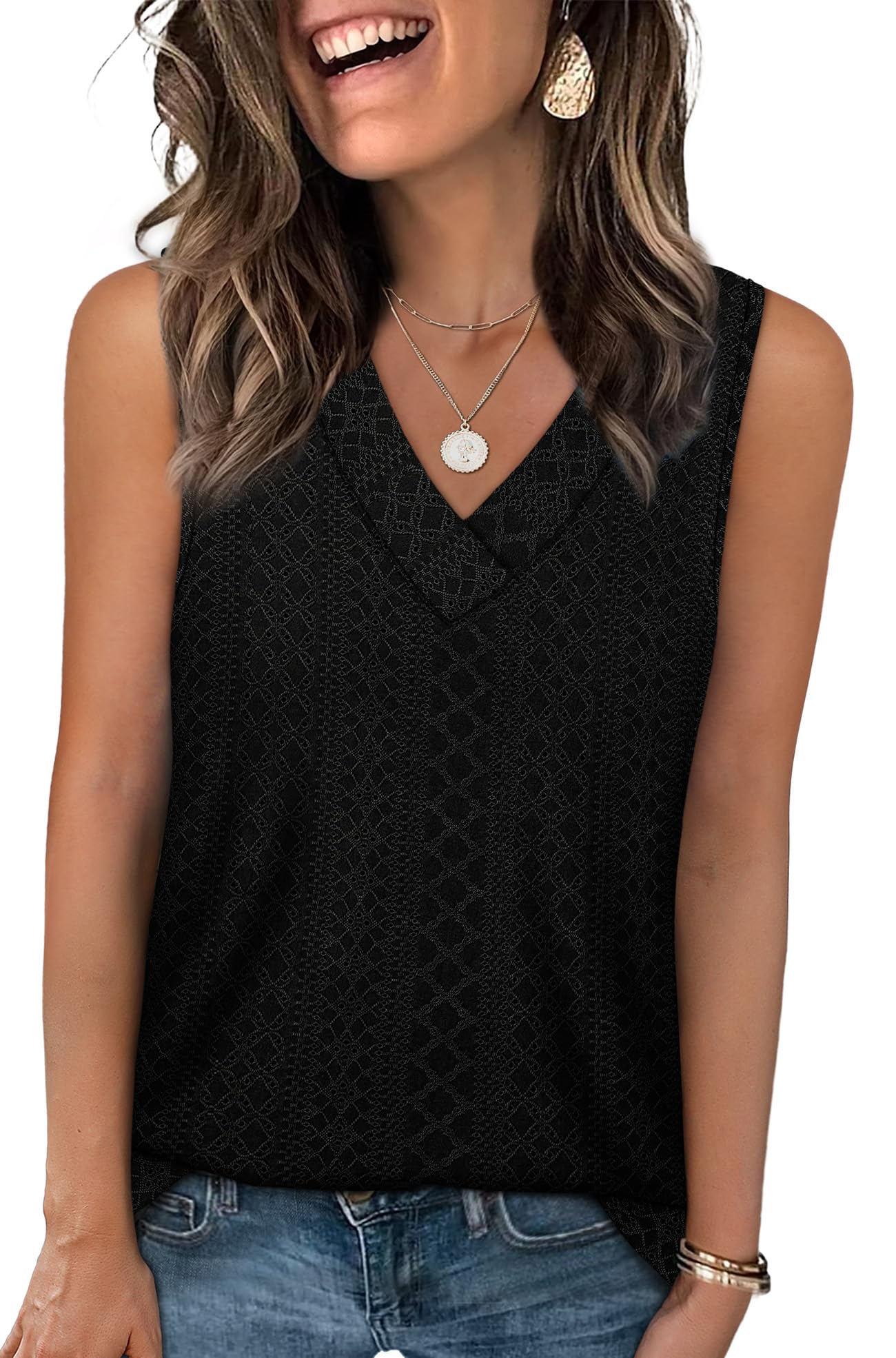 WIHOLL Tank Top for Women Summer Outfits V Neck T Shirts Trendy Eyelet Sleeveless Basic Beach Vacation Clothes