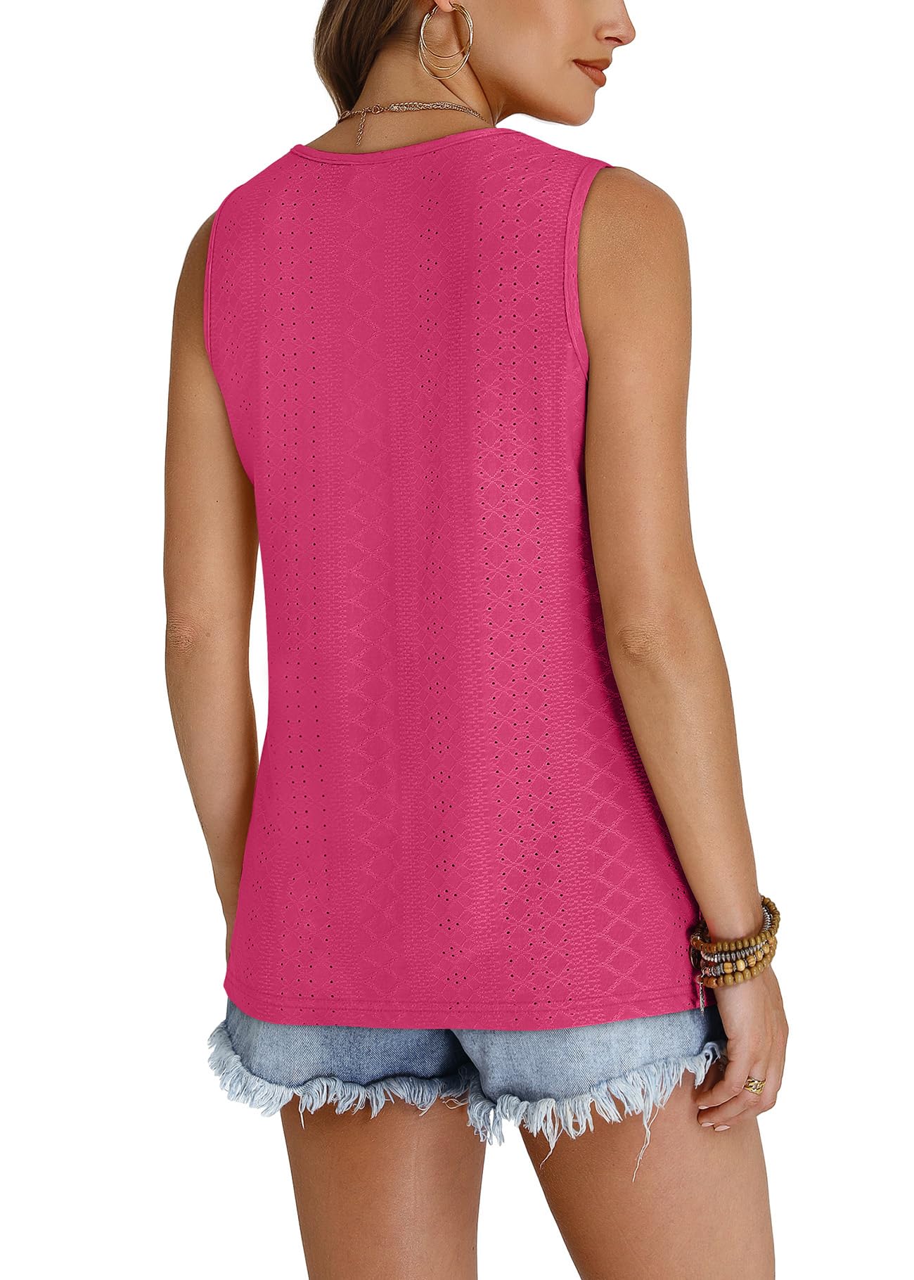 WIHOLL Tank Top for Women Summer Outfits V Neck T Shirts Trendy Eyelet Sleeveless Basic Beach Vacation Clothes