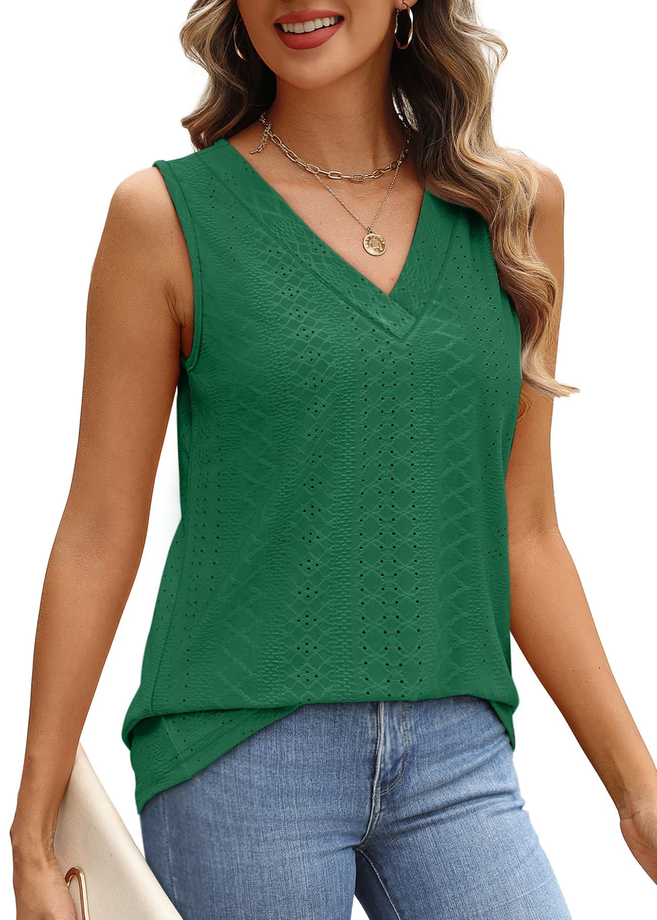 WIHOLL Tank Top for Women Summer Outfits V Neck T Shirts Trendy Eyelet Sleeveless Basic Beach Vacation Clothes