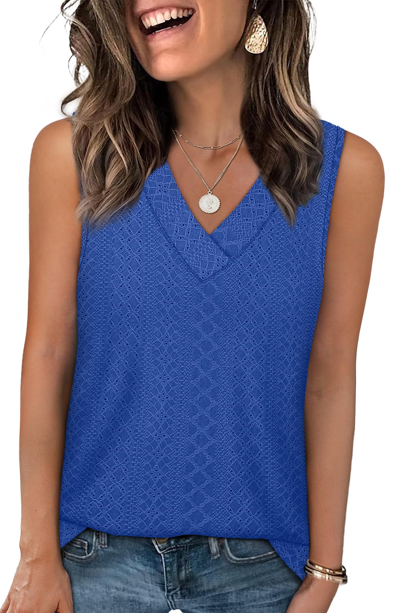 WIHOLL Tank Top for Women Summer Outfits V Neck T Shirts Trendy Eyelet Sleeveless Basic Beach Vacation Clothes
